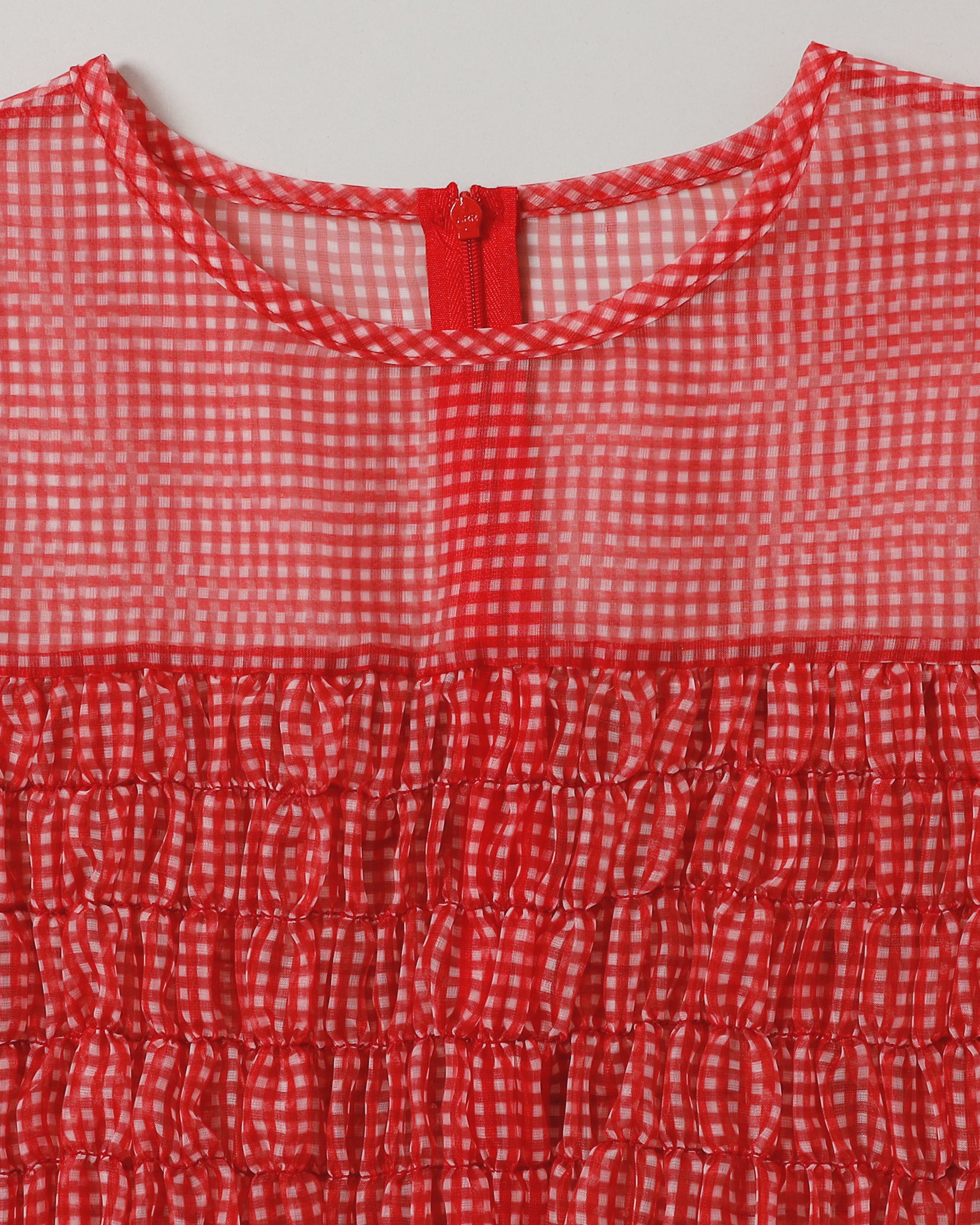 Gingham organza shirred tunic (red)