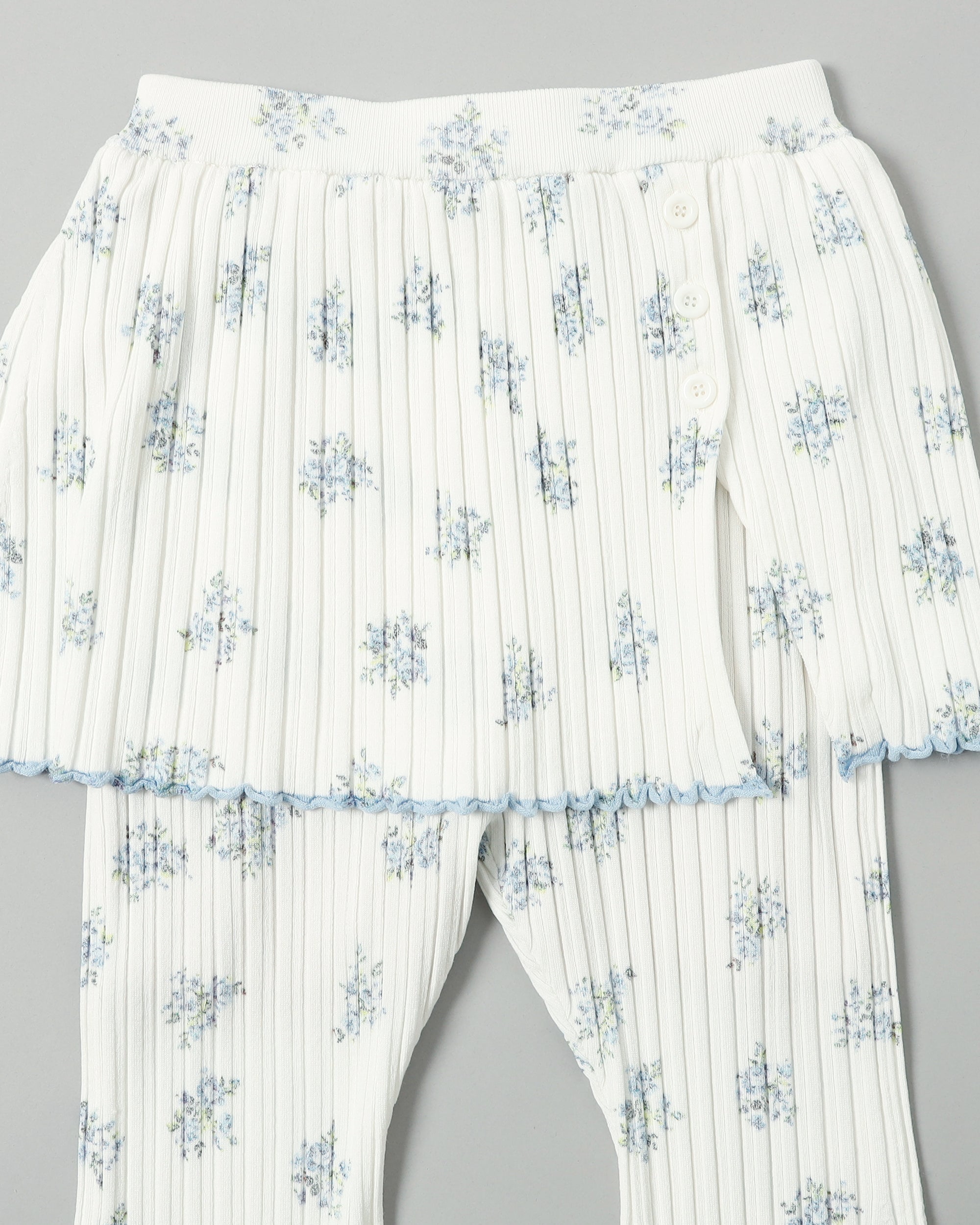 Blue flower rib knit flare pants