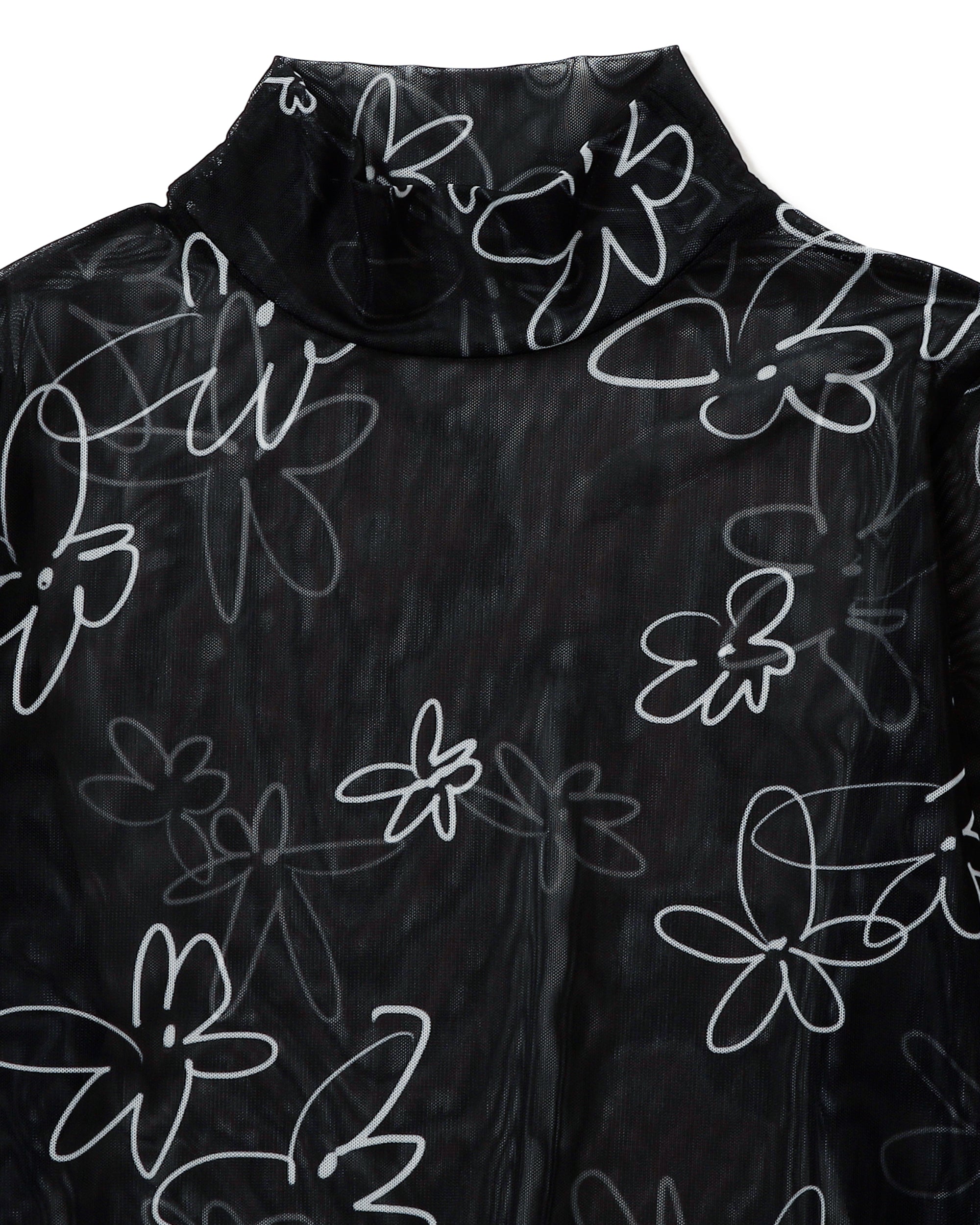 Rough paint black flower see-through tops (High neck)