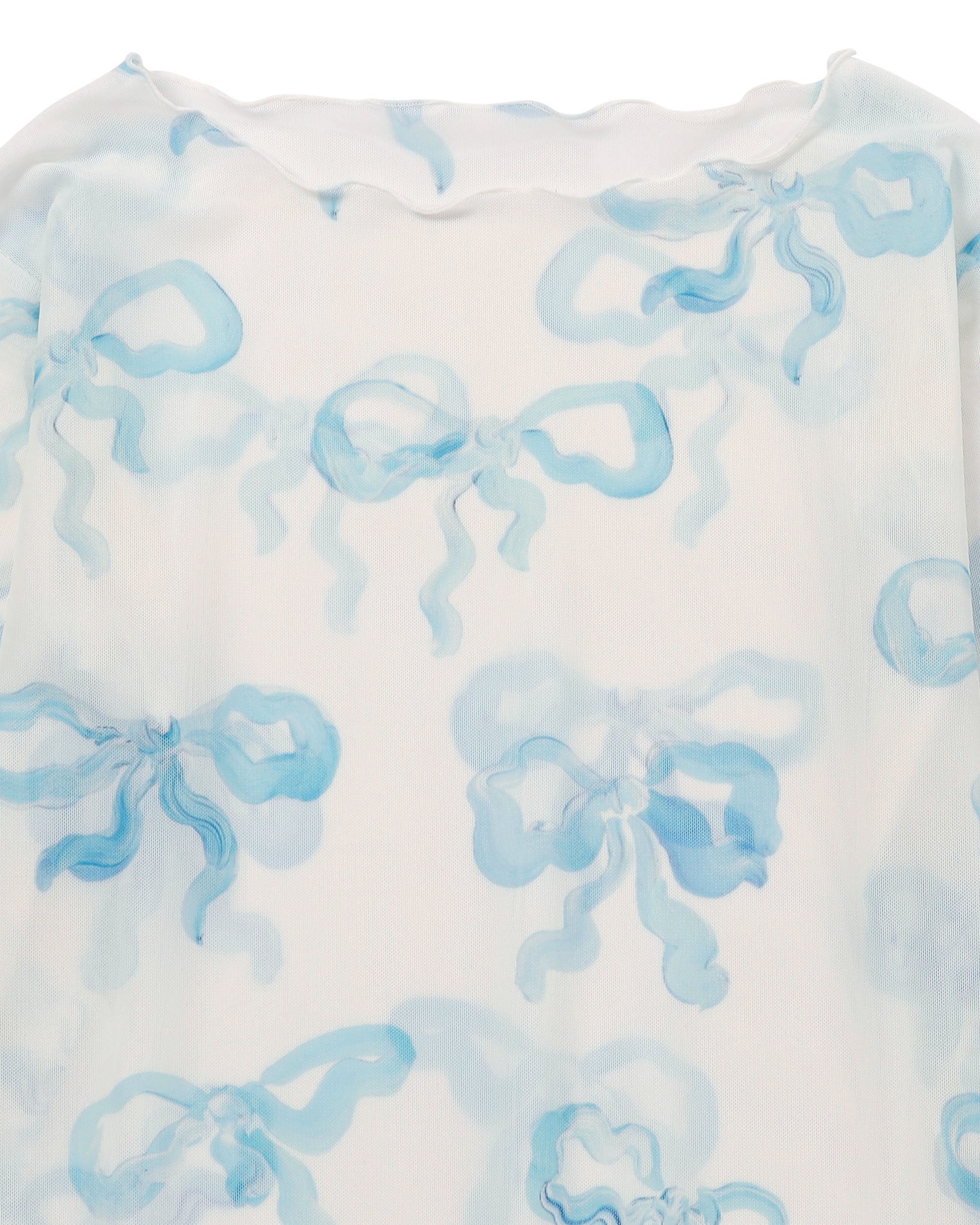 Baby blue ribbon see-through tops(Round neck)