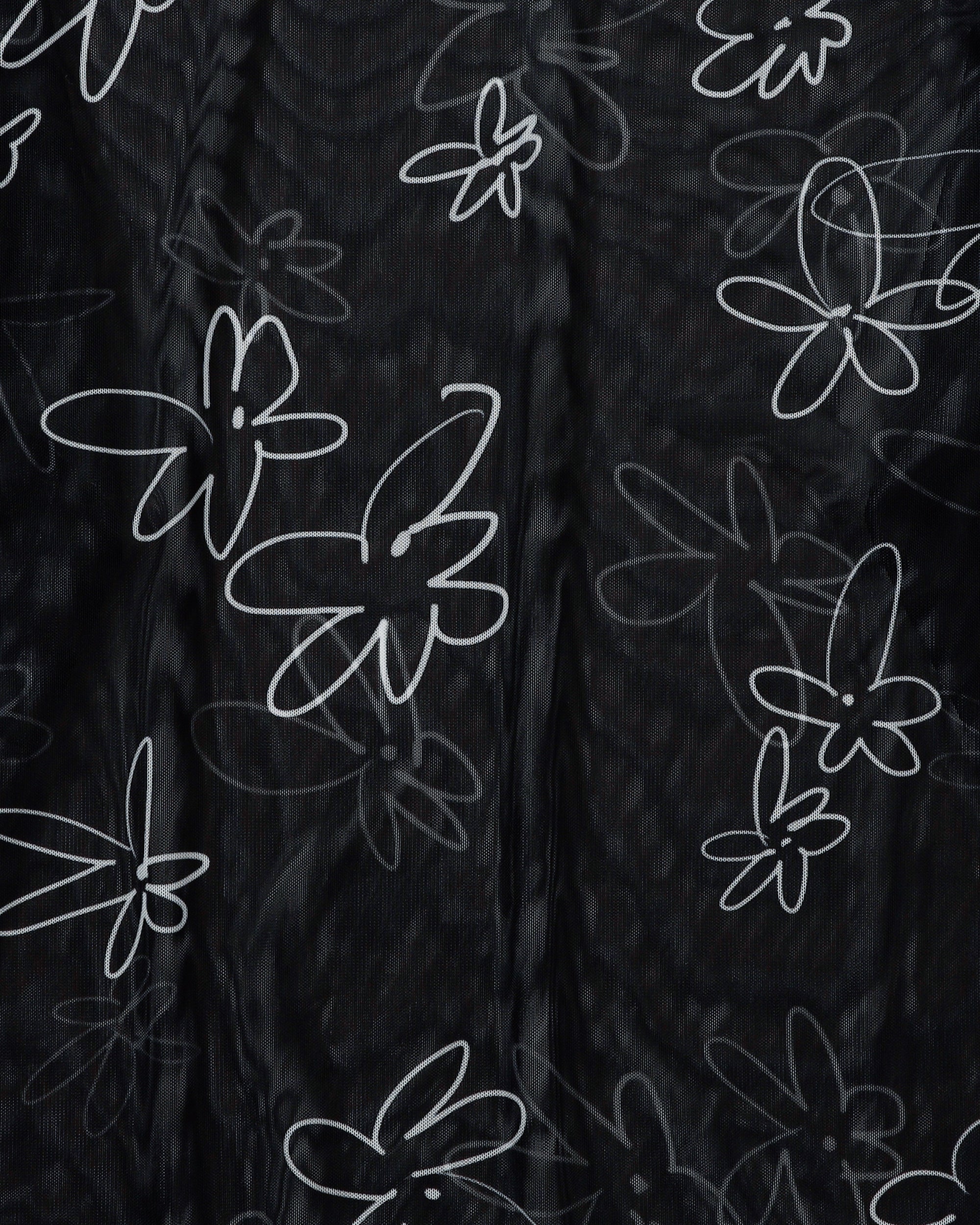 Rough paint black flower see-through tops (Round neck)