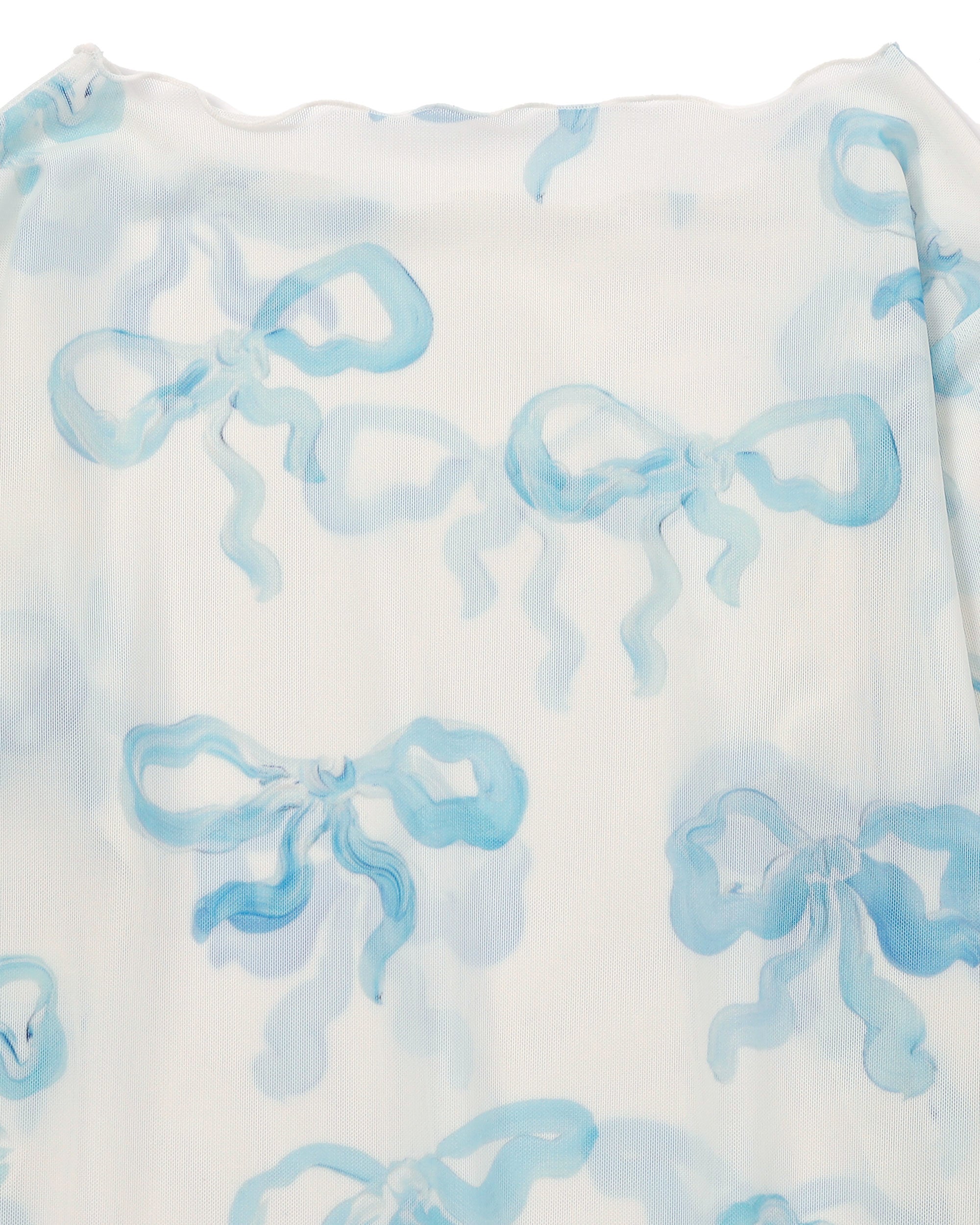 Baby blue ribbon see-through tops(Round neck)