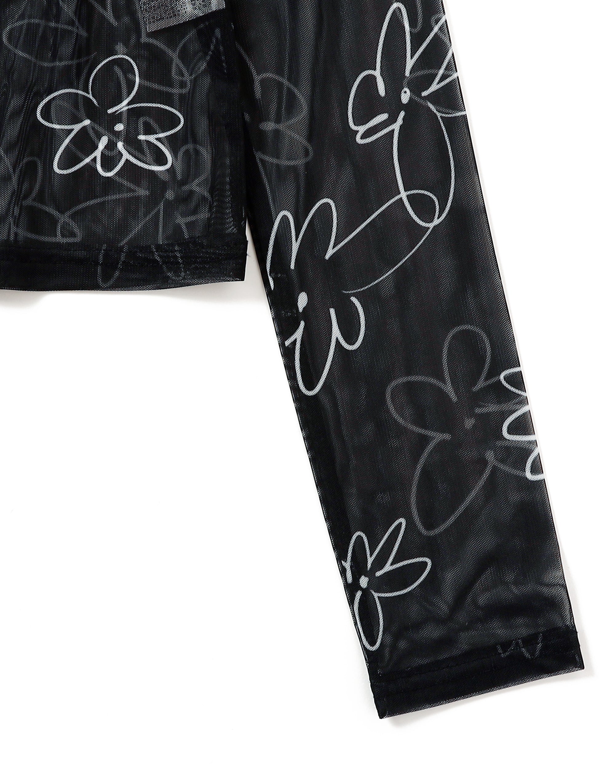 Rough paint black flower see-through tops (High neck)
