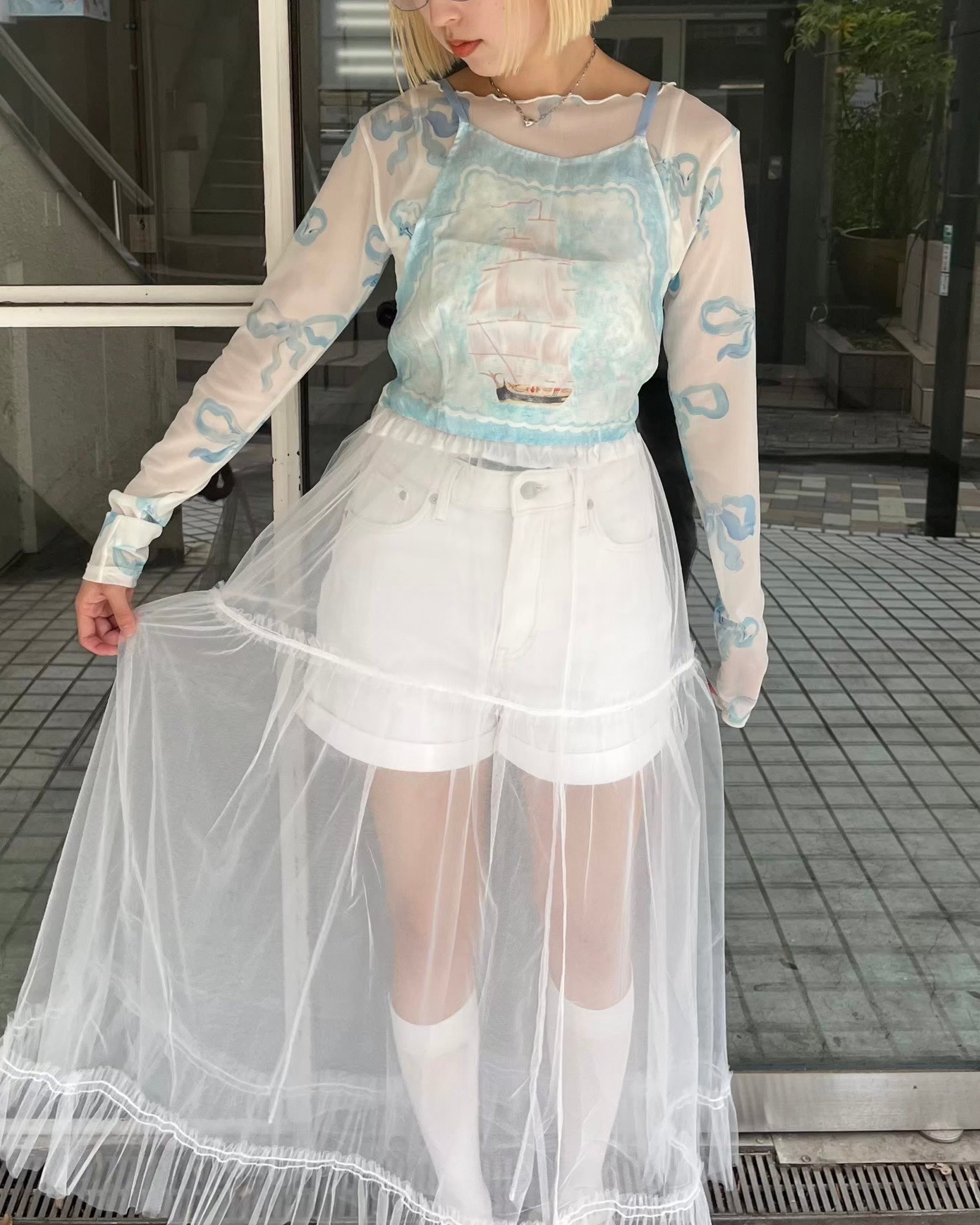 Baby blue ribbon see-through tops(Round neck)