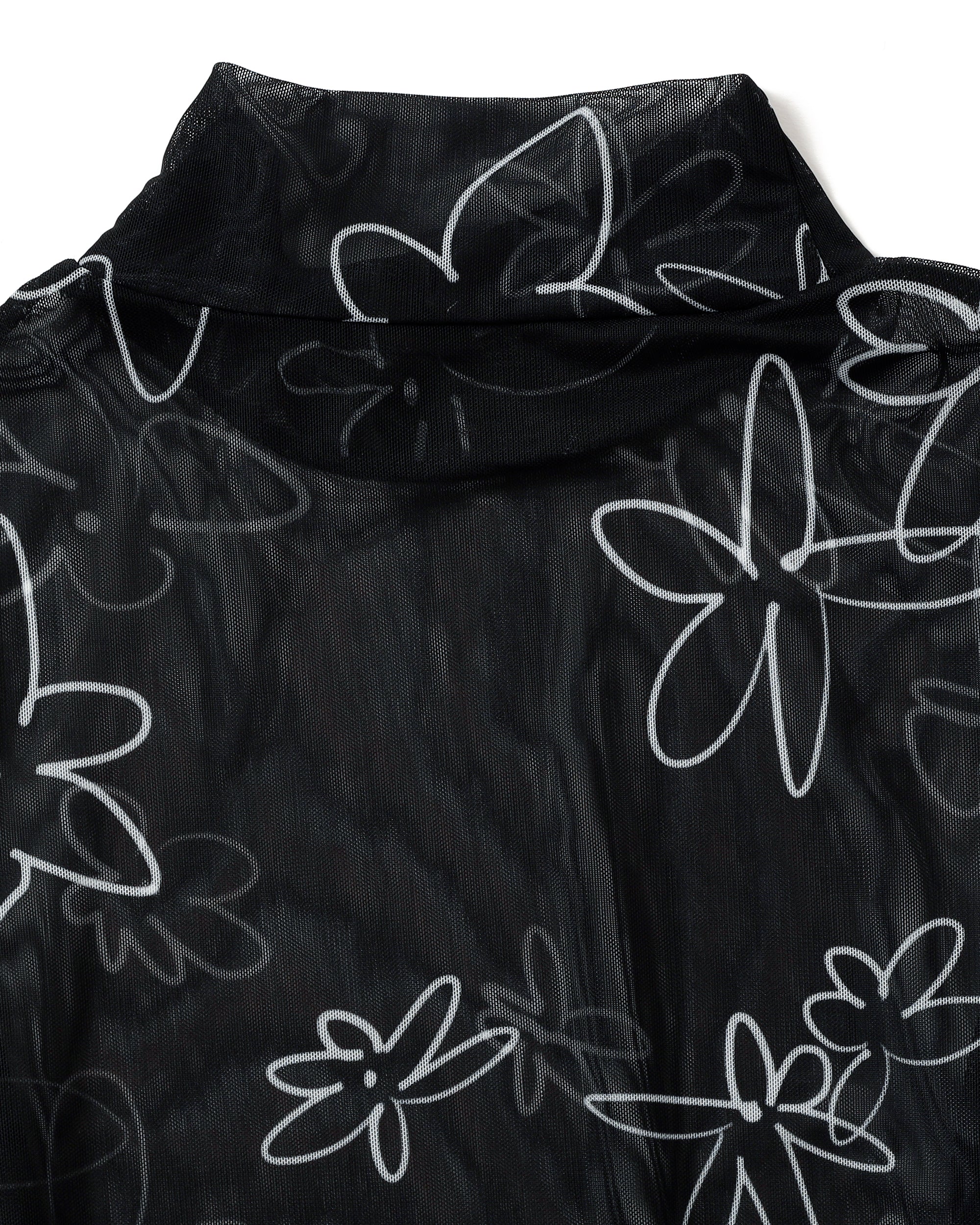 Rough paint black flower see-through tops (High neck)