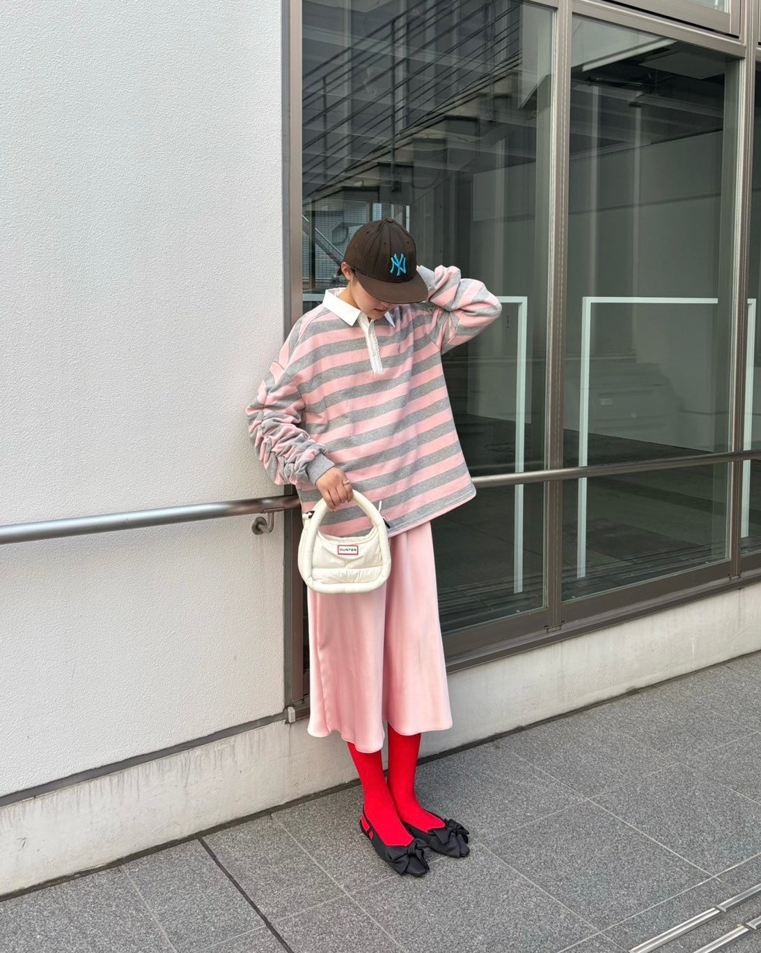 Gathered sleeve rugby shirt (pink/gray)