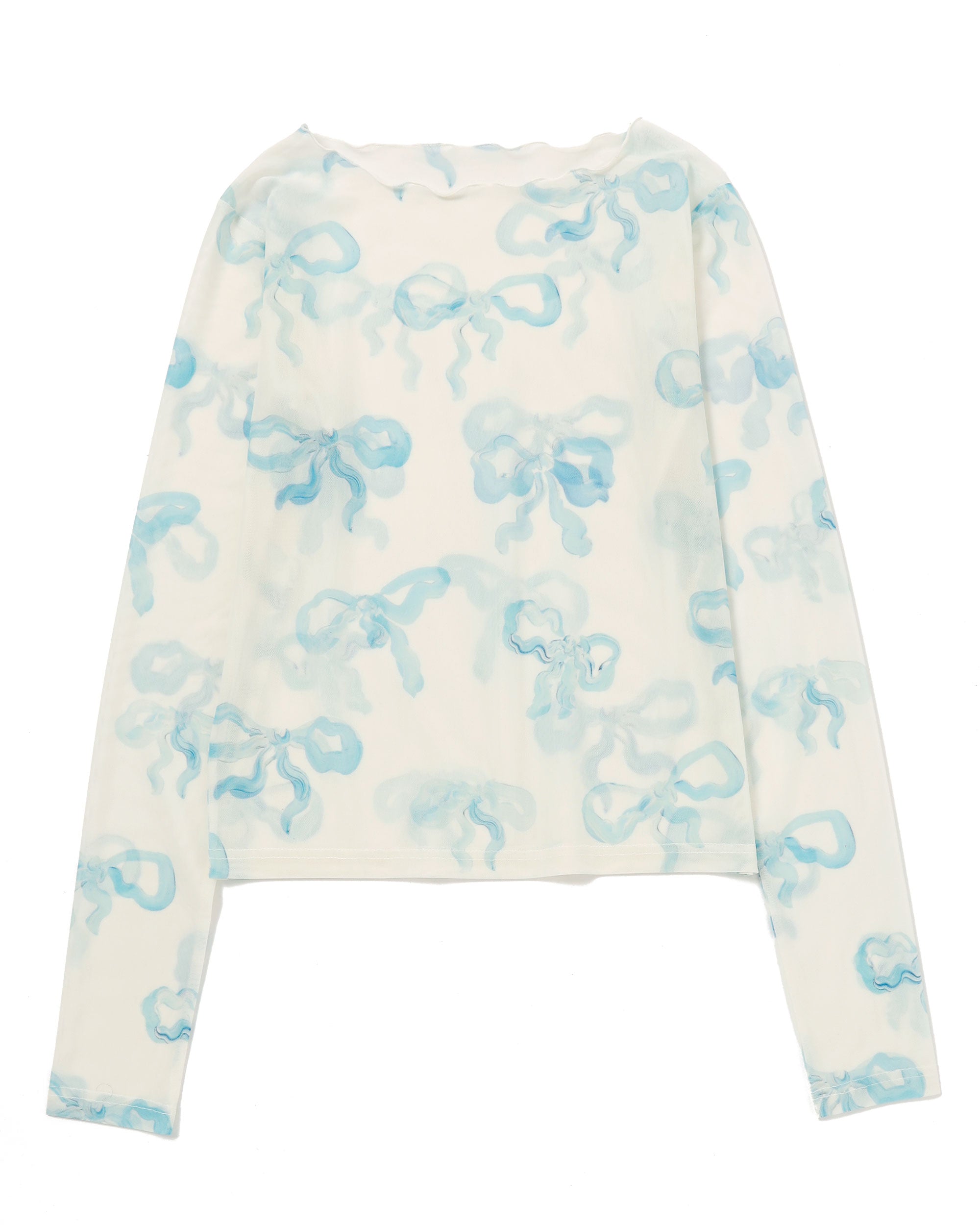 Baby blue ribbon see-through tops(Round neck)