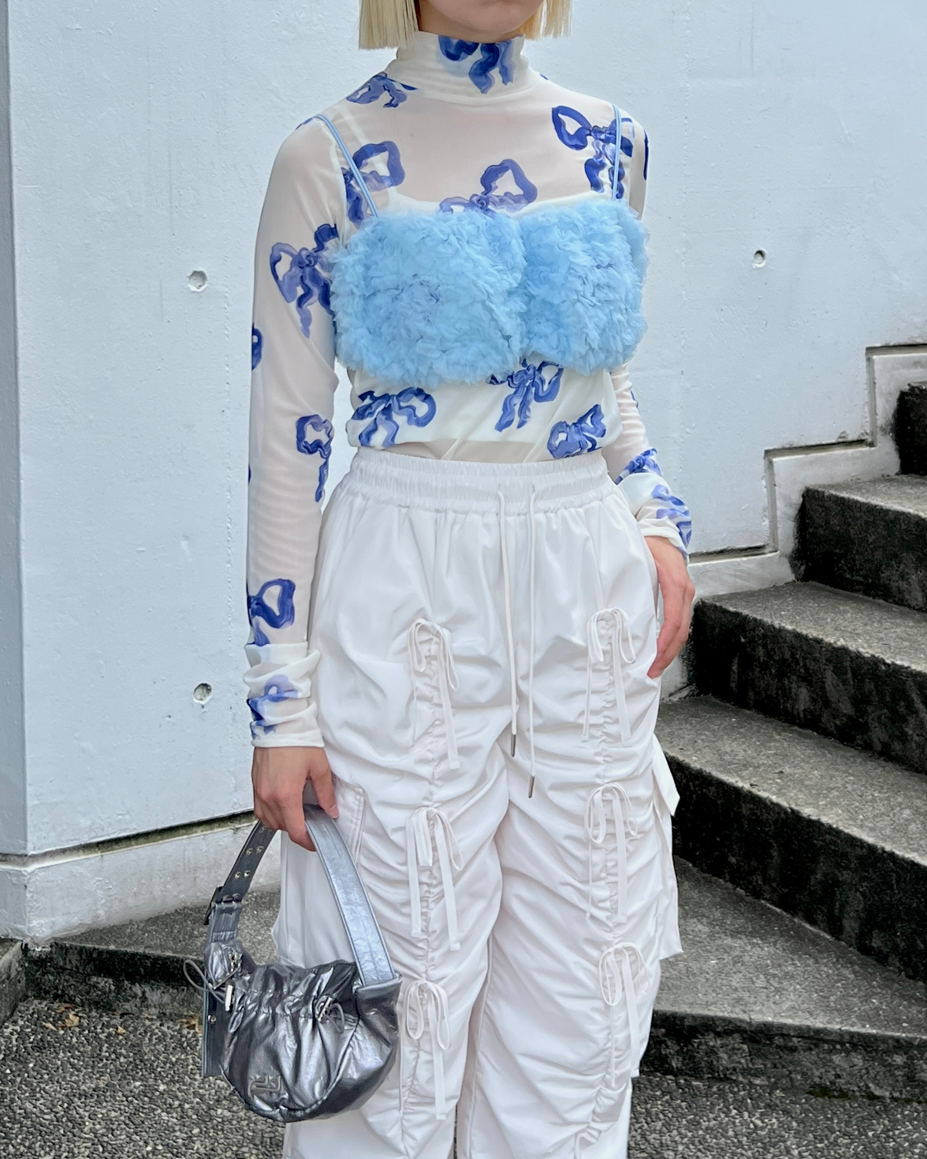 Blue ribbon see-through tops (High neck)