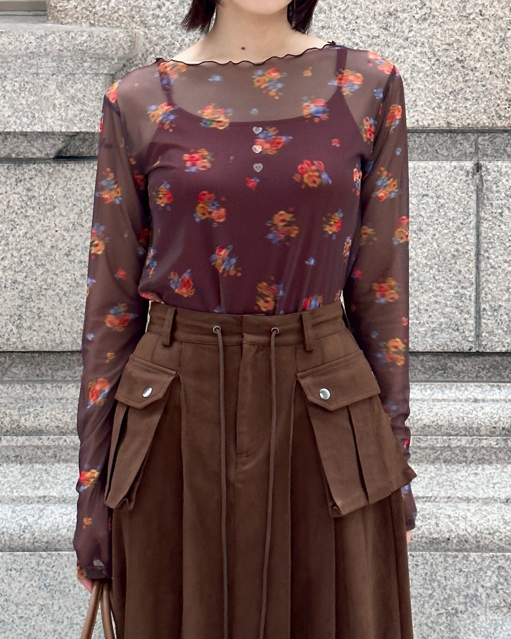 Brown bouquet see-through tops (round neck)