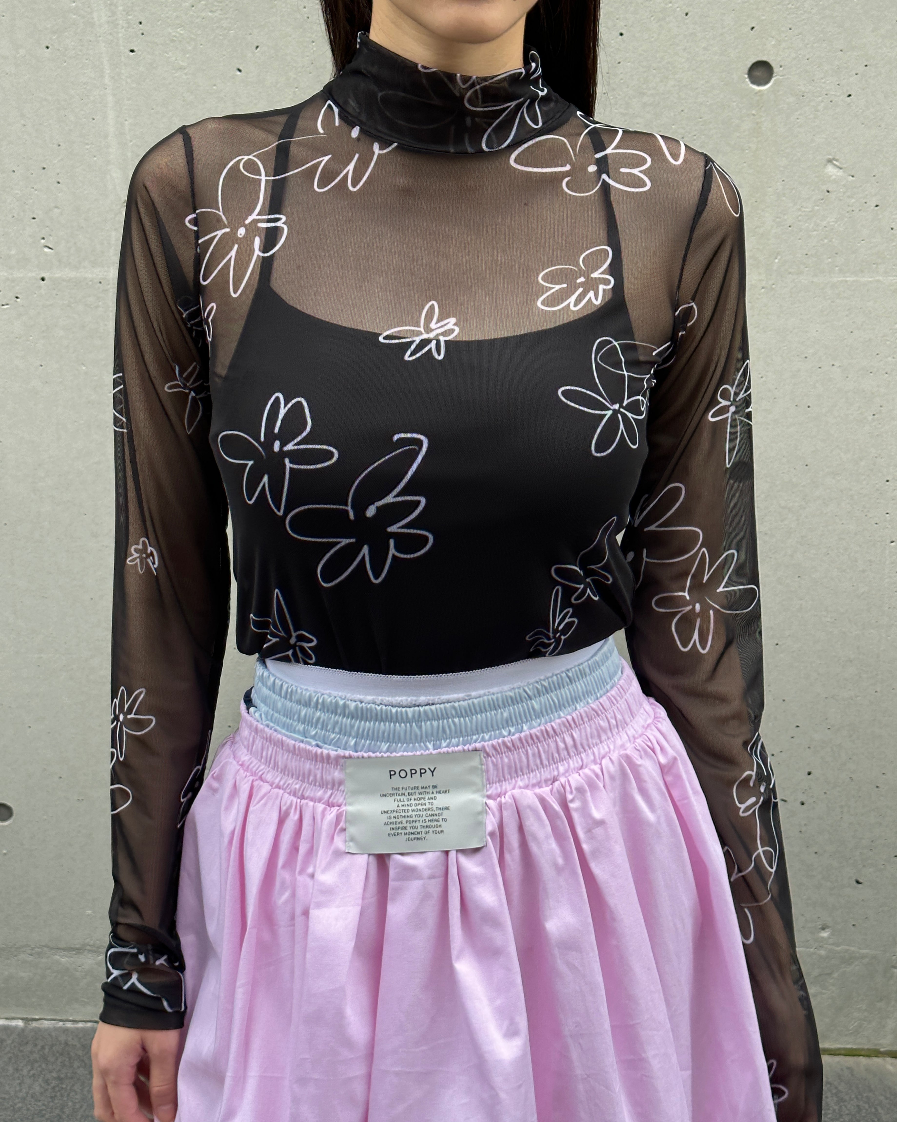 Rough paint black flower see-through tops (High neck)