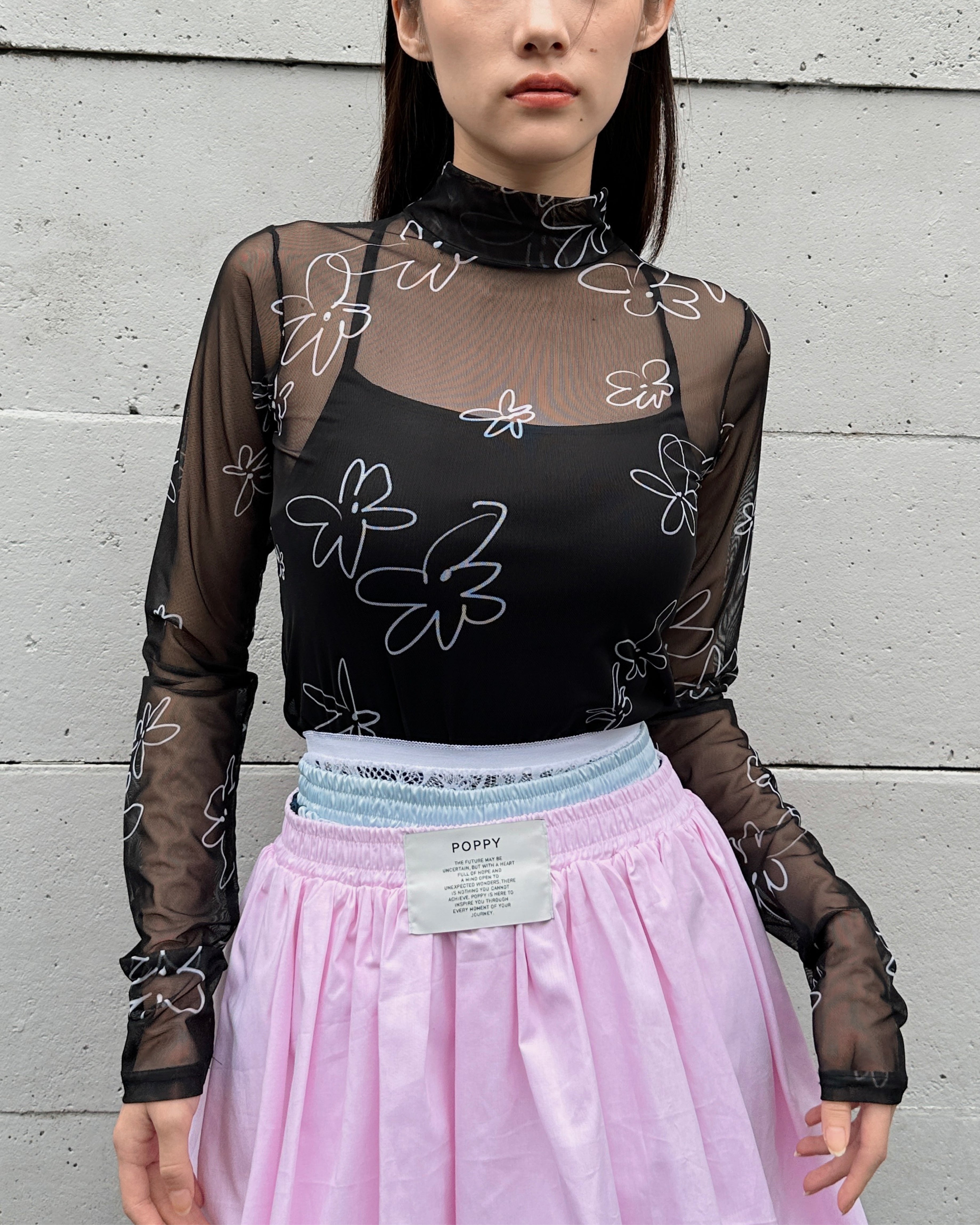 Rough paint black flower see-through tops (High neck)