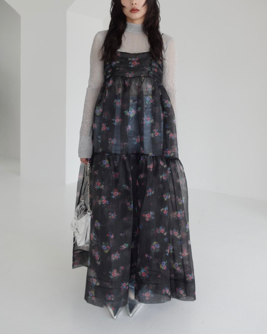 Blur flower organdy cami dress (black)