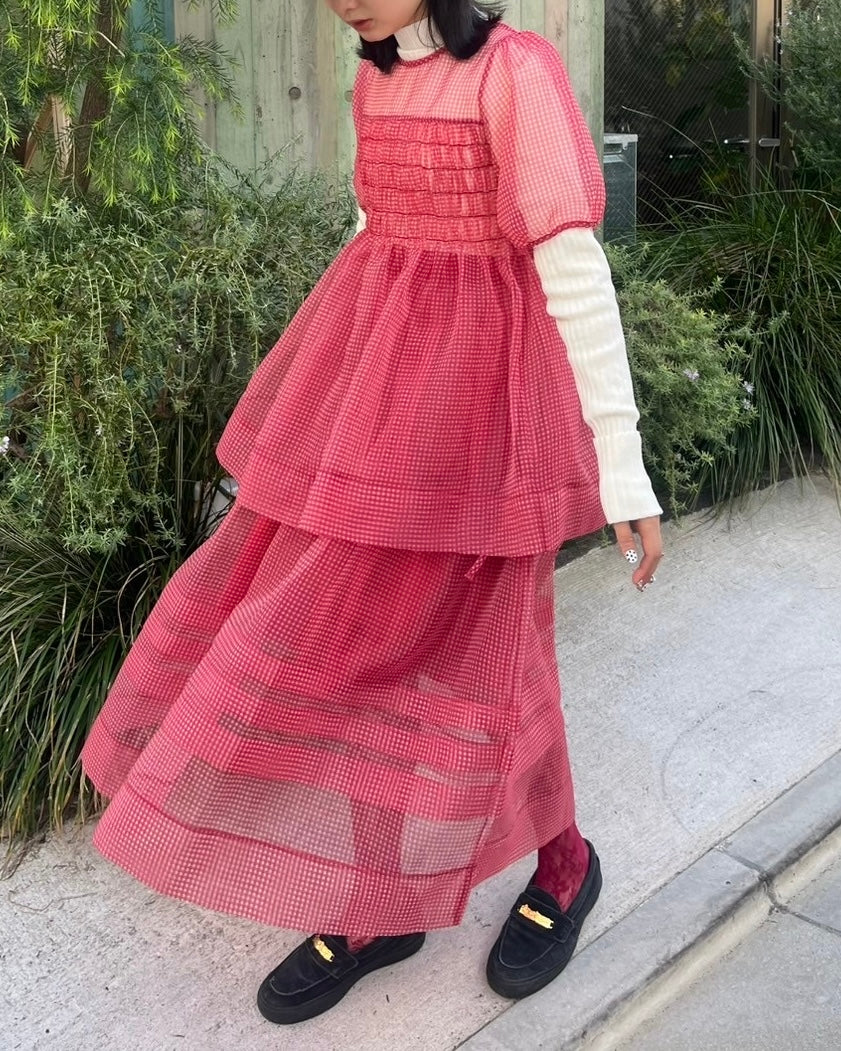 Gingham organza shirred tunic (red)