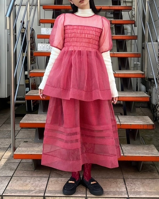 Gingham organza shirred tunic (red)