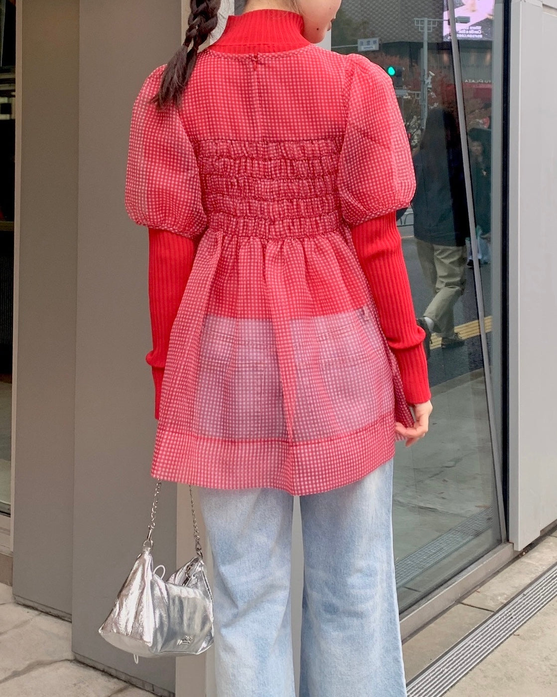 Gingham organza shirred tunic (red)