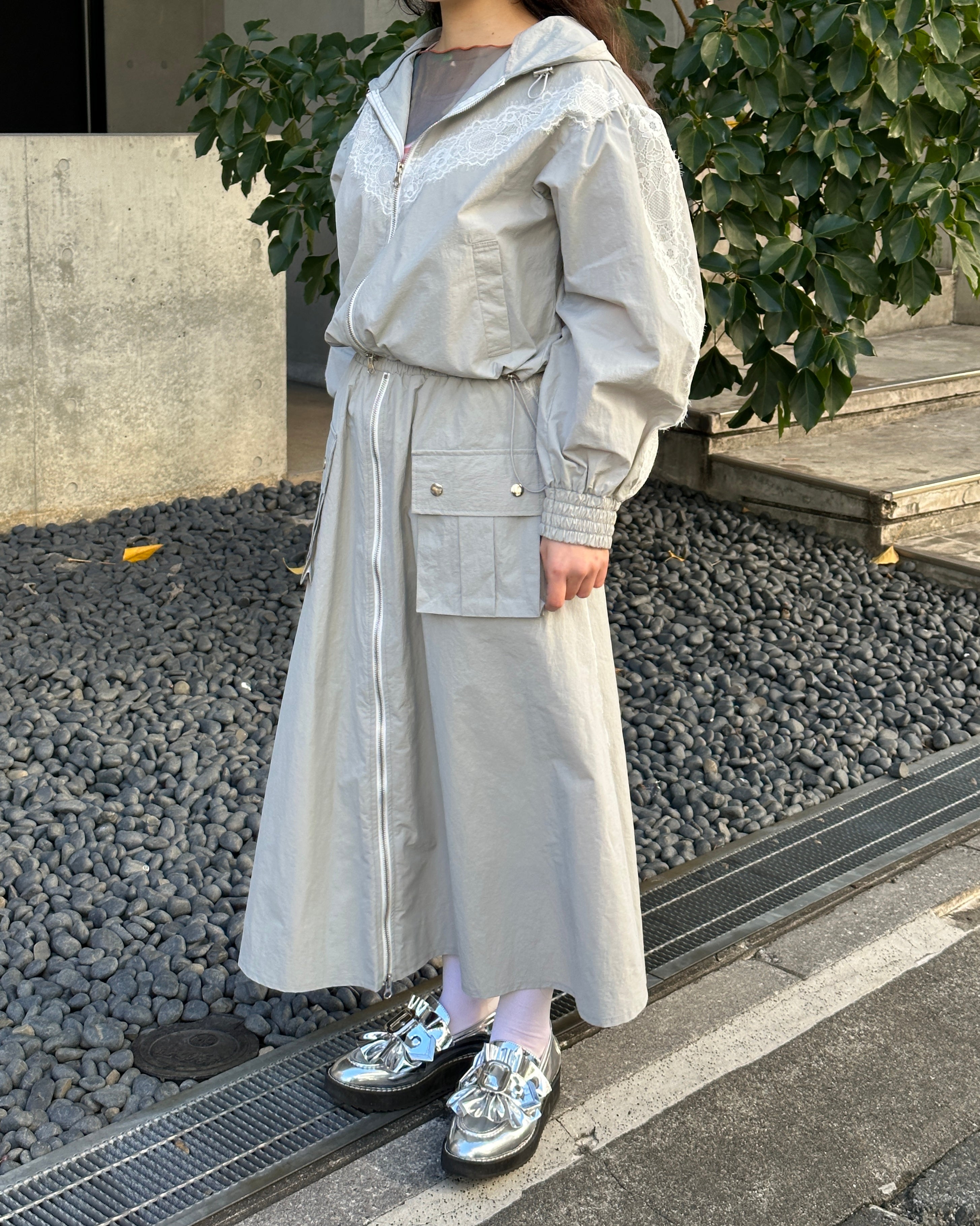 Lace nylon short hoodie