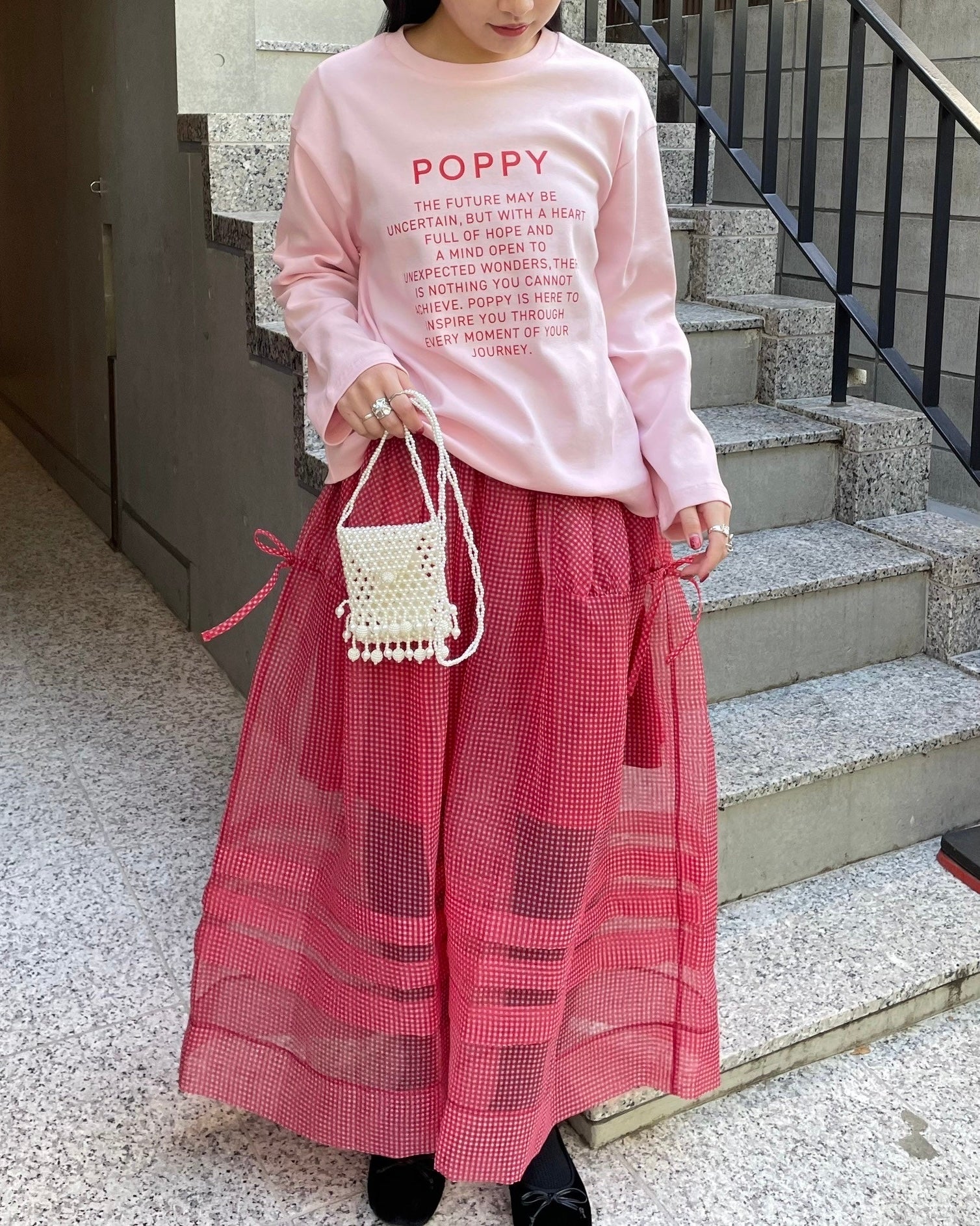 Gingham organza tuck skirt (red)