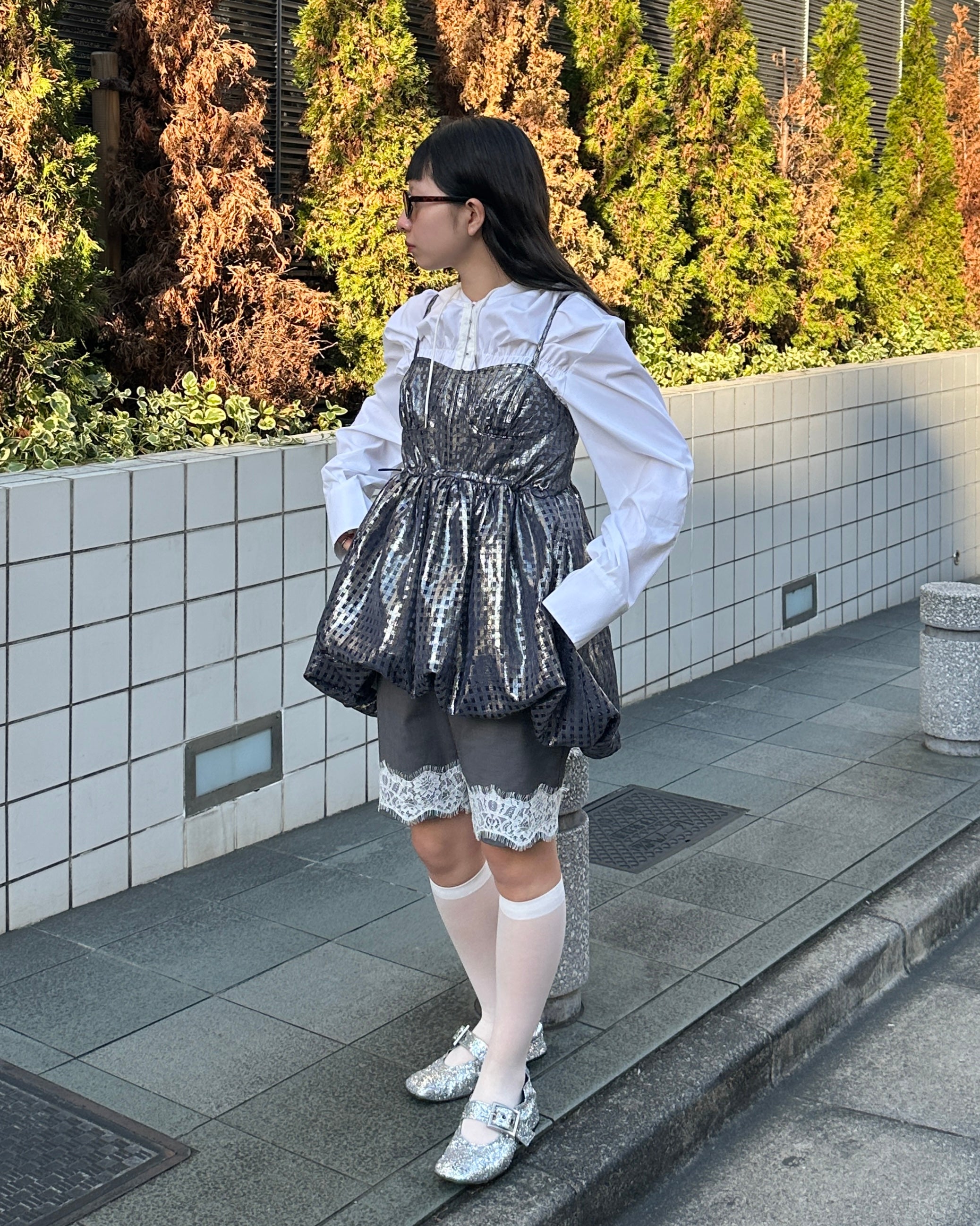 Metallic gingham balloon tunic