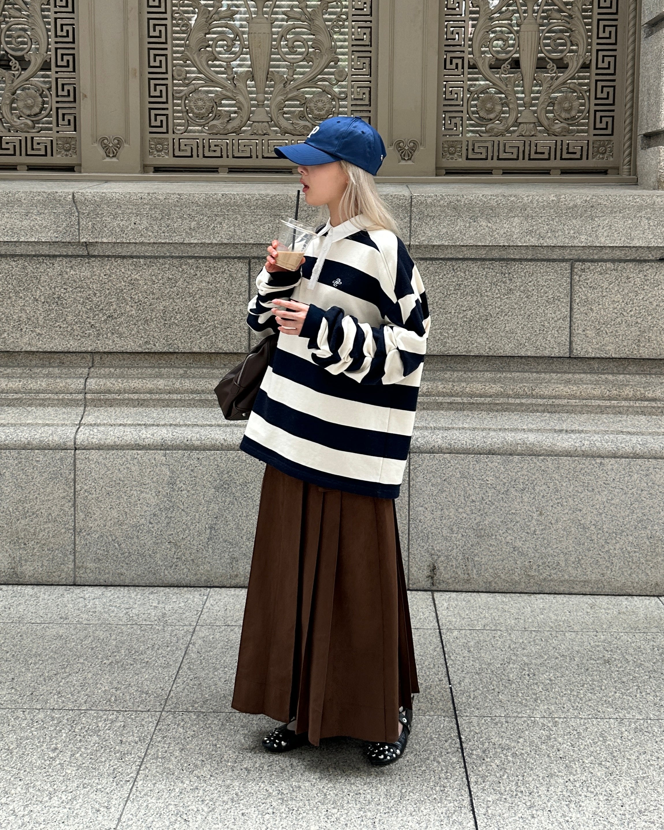 Gathered sleeve rugby shirt (ivory/navy)