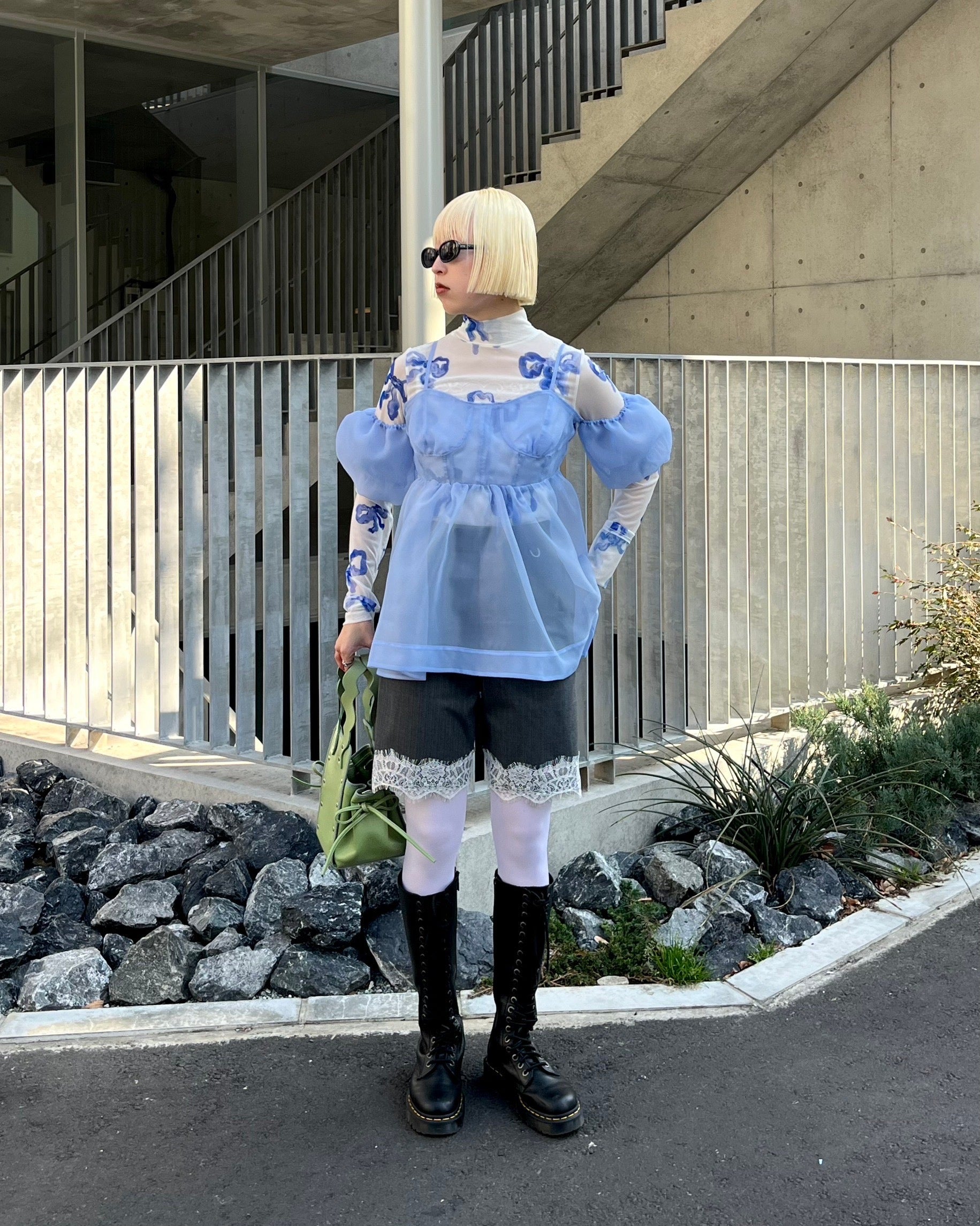 Blue ribbon see-through tops (High neck)