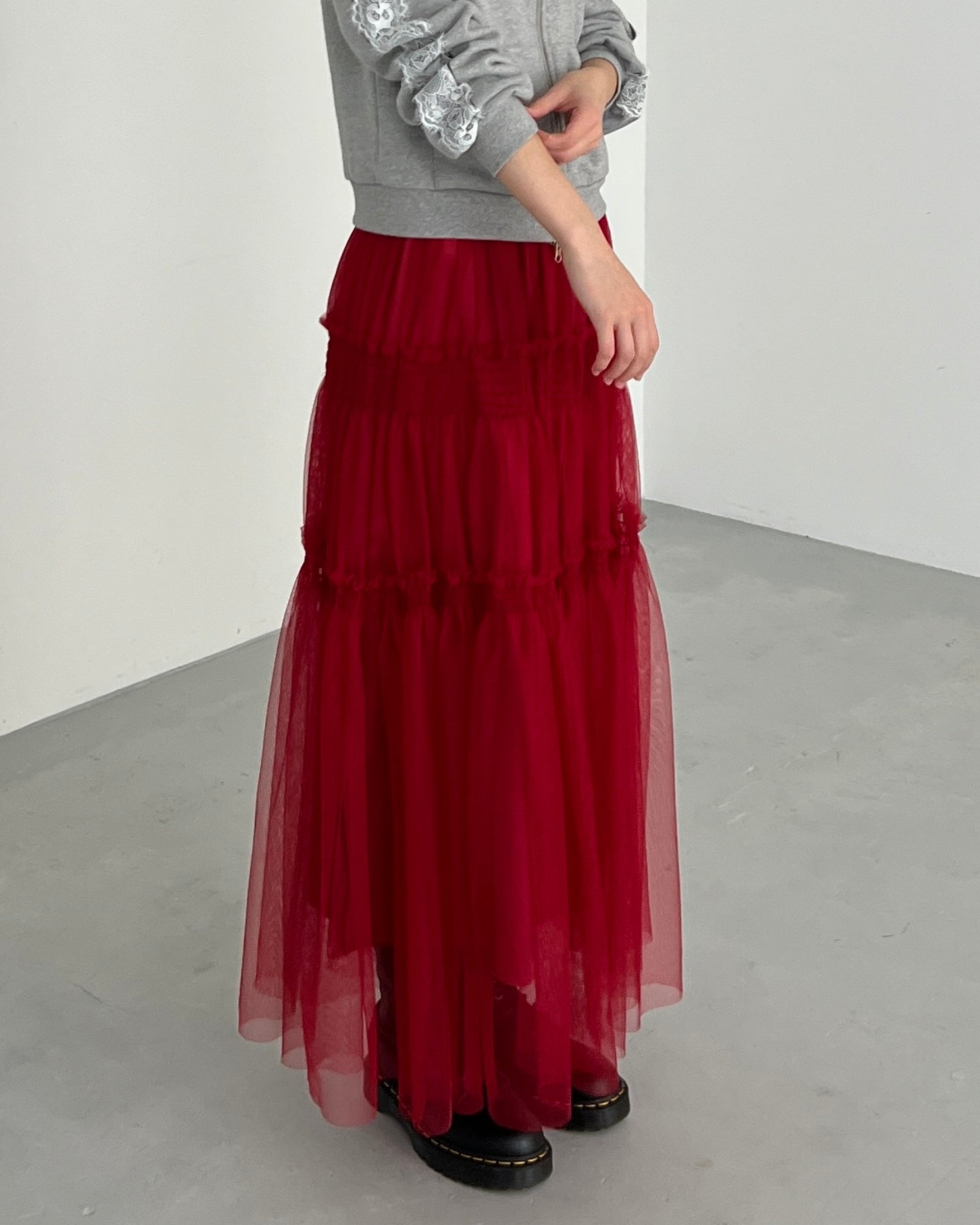 Shirring tulle skirt (blue / bordeaux)