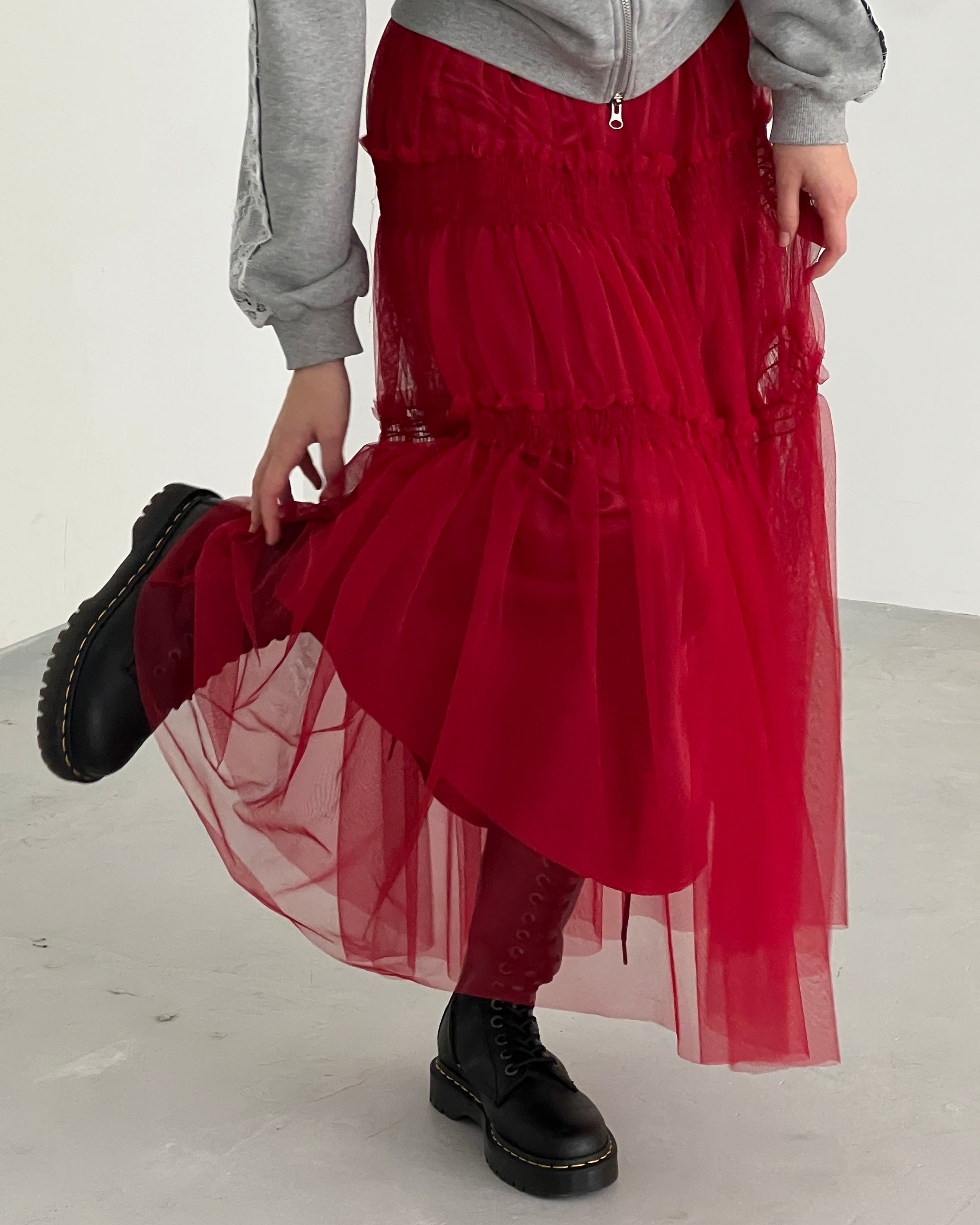 Shirring tulle skirt (blue / bordeaux)