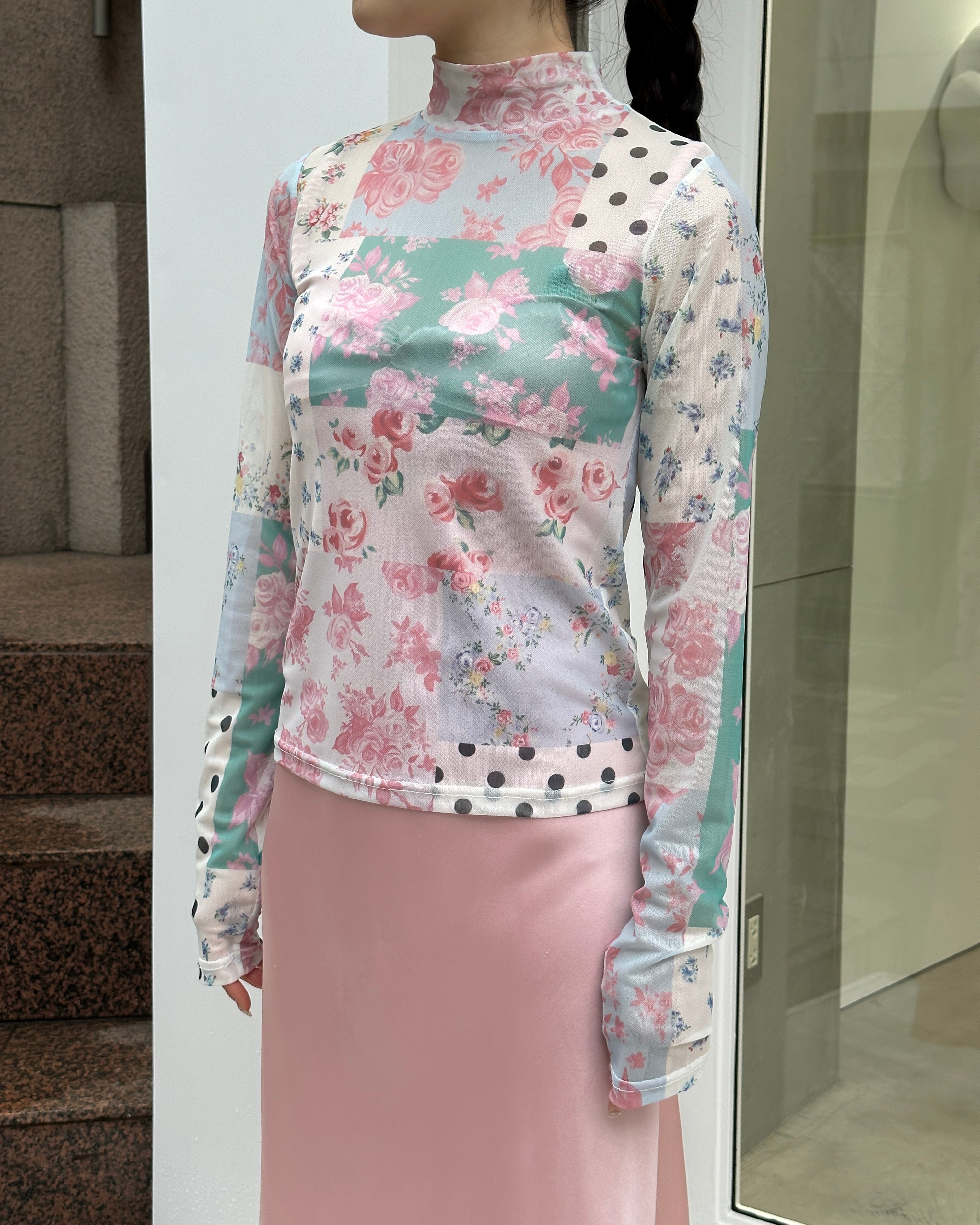 Nostalgic patchwork see-through tops (high neck)