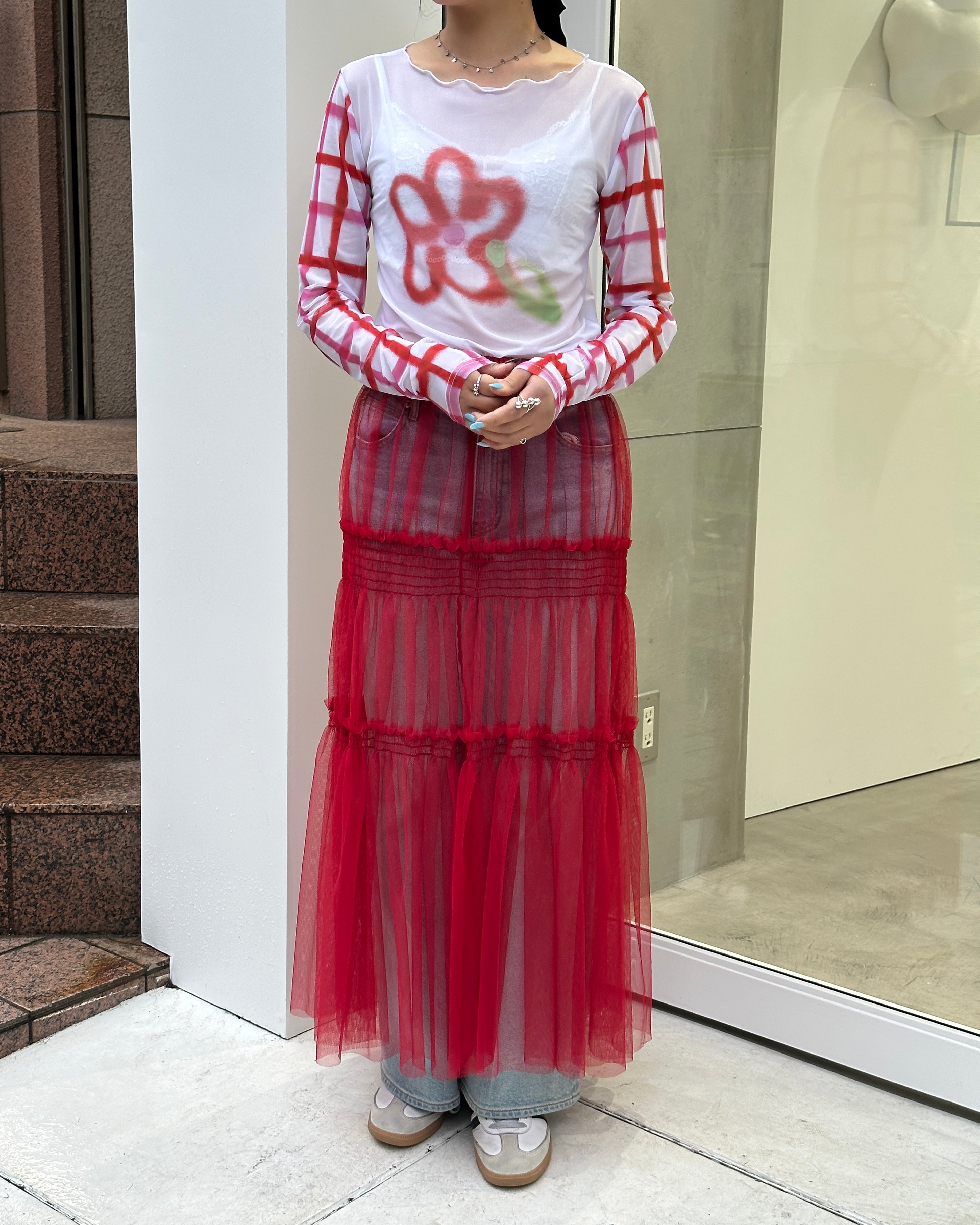 Check sleeve spray flower see-through tops (round neck)