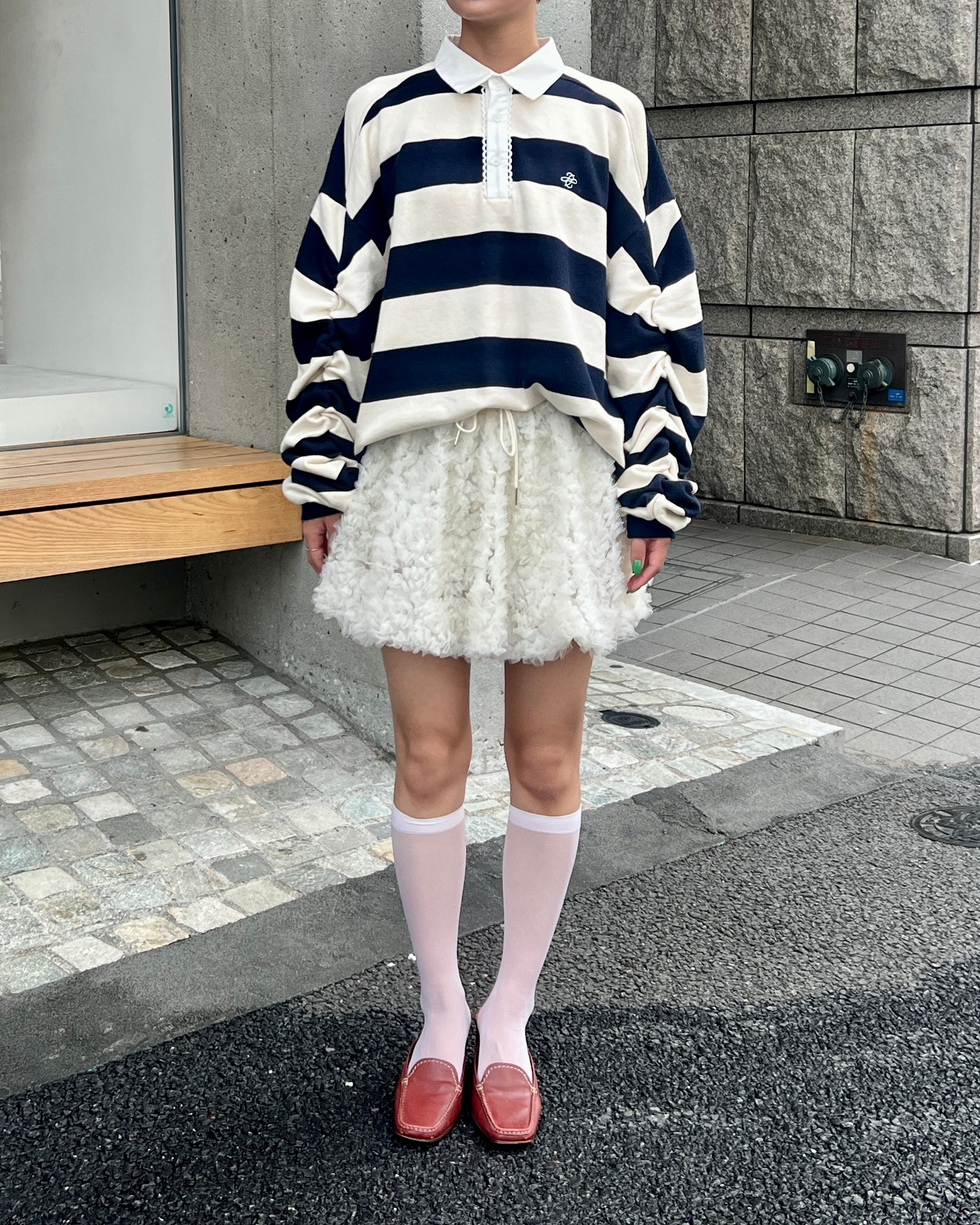 Gathered sleeve rugby shirt (ivory/navy)