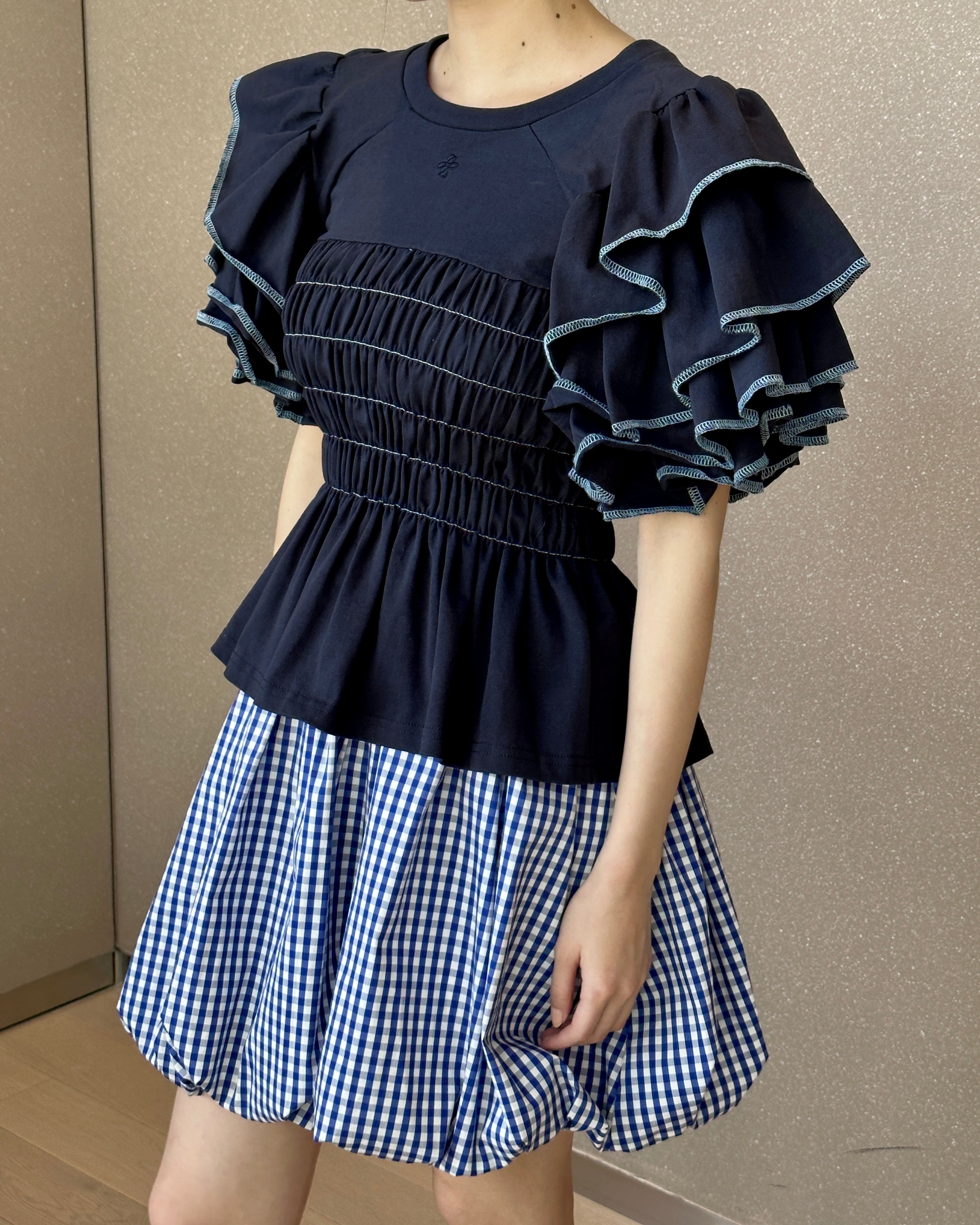 Tiered frill sleeve shirring t-shirt