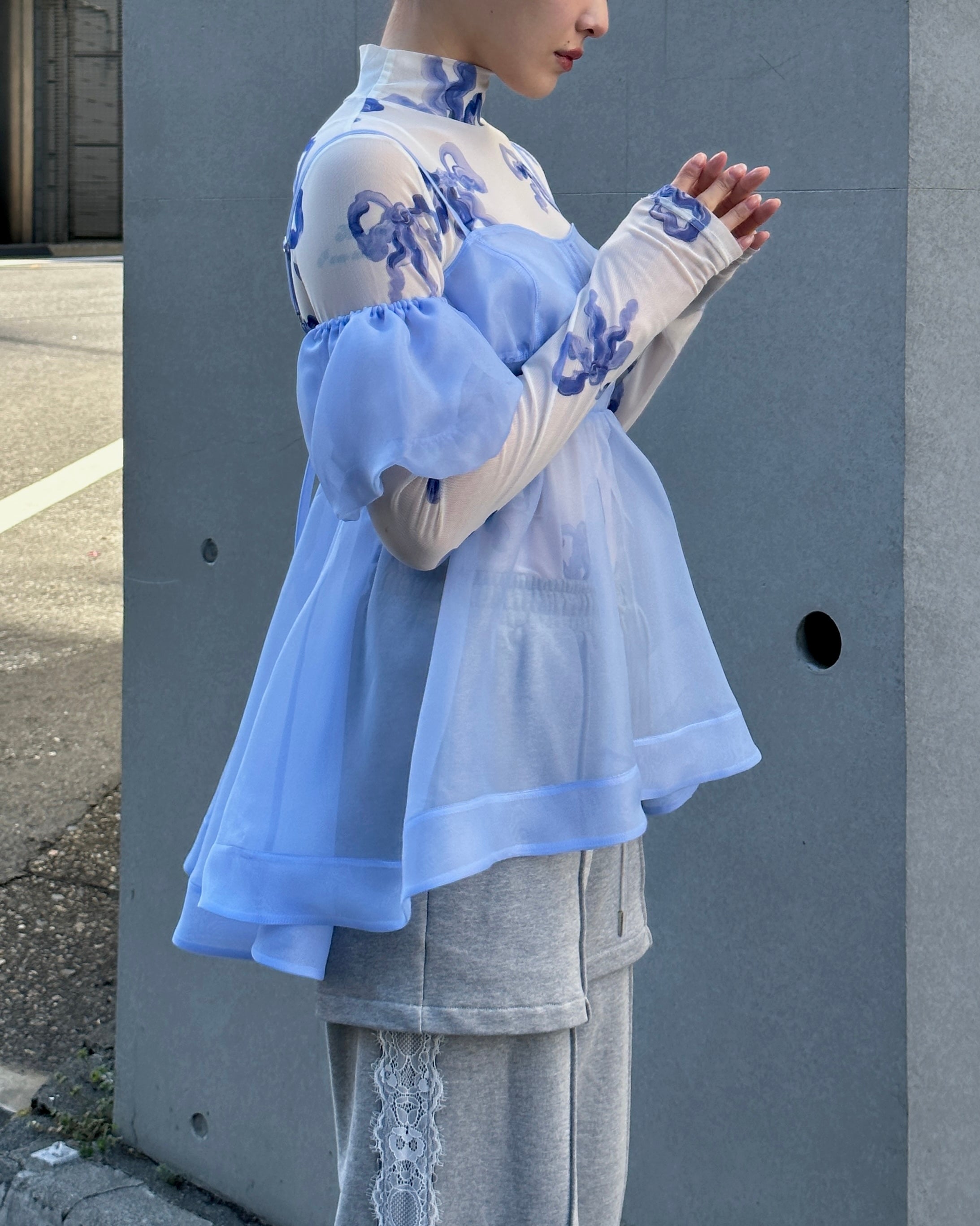 Blue ribbon see-through tops (High neck)