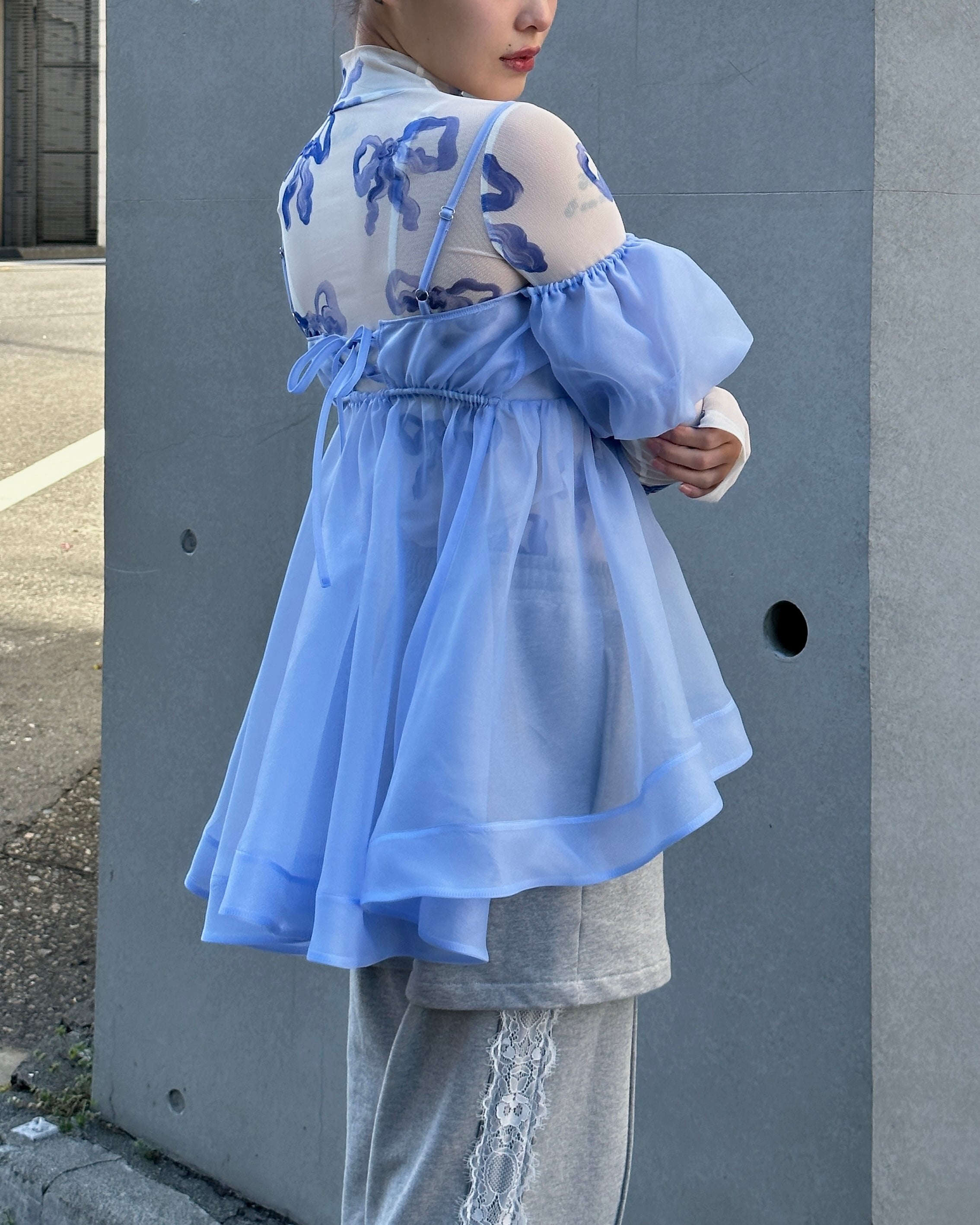 Blue ribbon see-through tops (High neck)