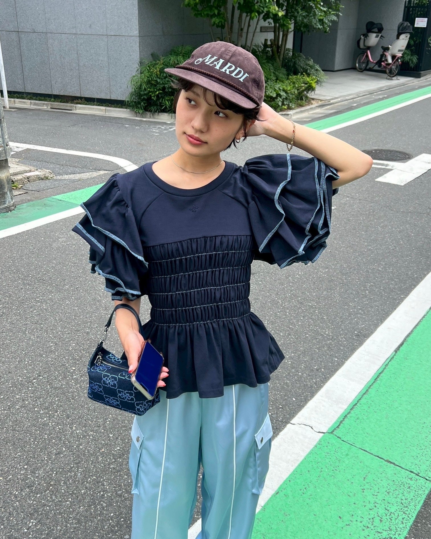 Tiered frill sleeve shirring t-shirt