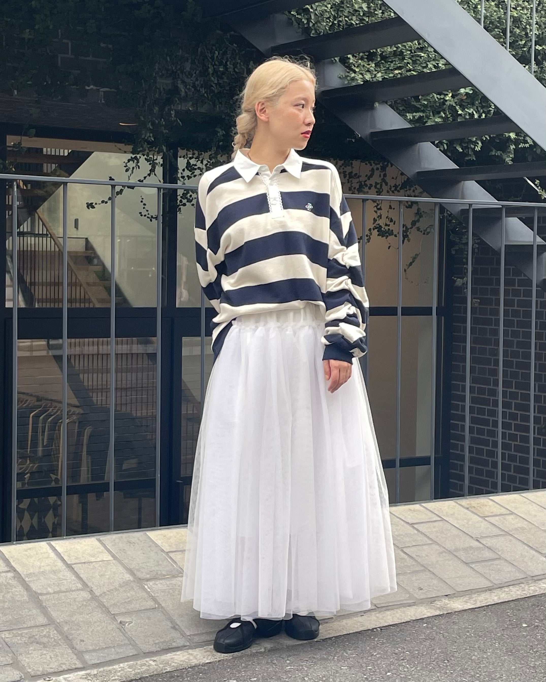 Gathered sleeve rugby shirt (ivory/navy)