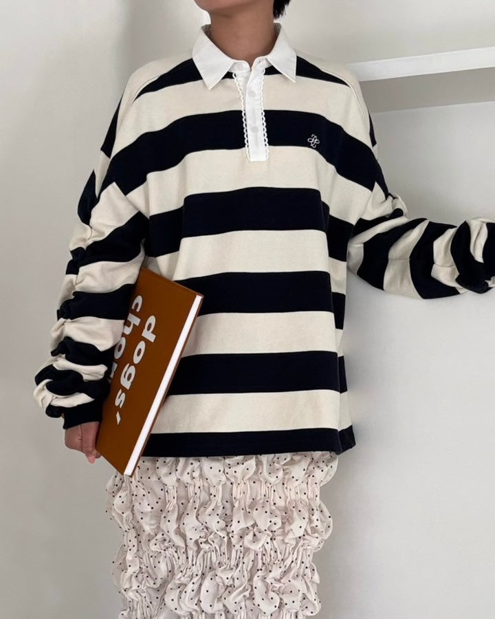 Gathered sleeve rugby shirt (ivory/navy)