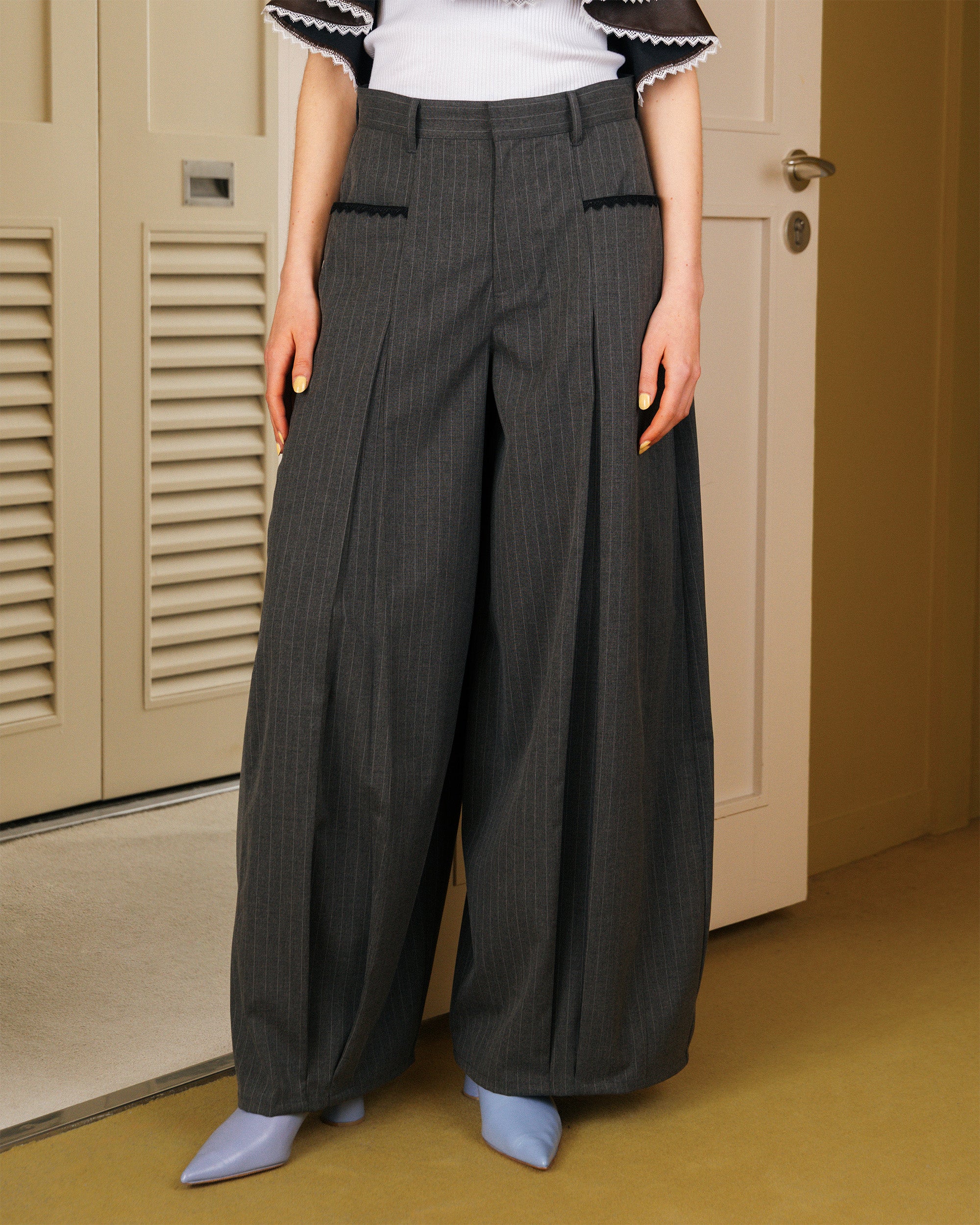 褶襉氣球條紋褲