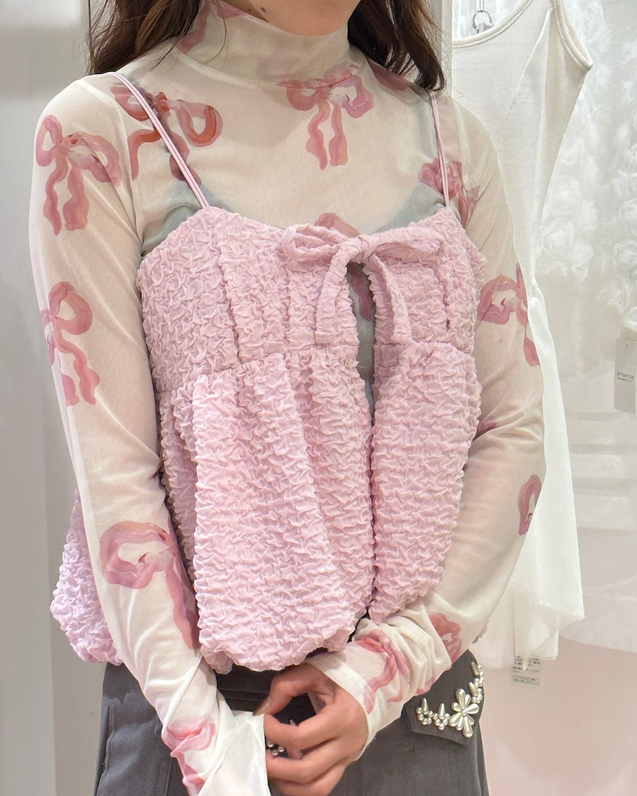 Pink ribbon see-through tops (High neck)