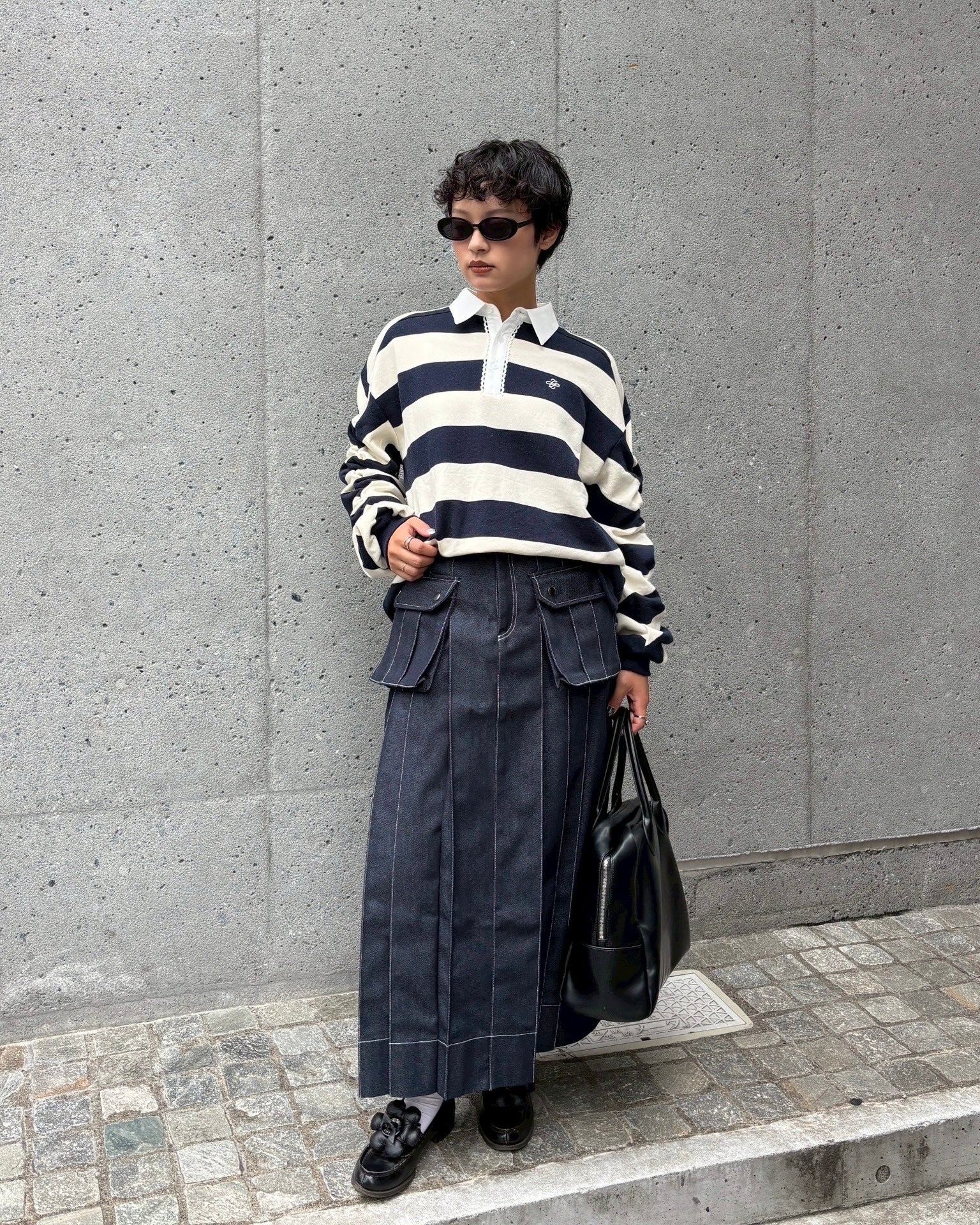 Gathered sleeve rugby shirt (ivory/navy)