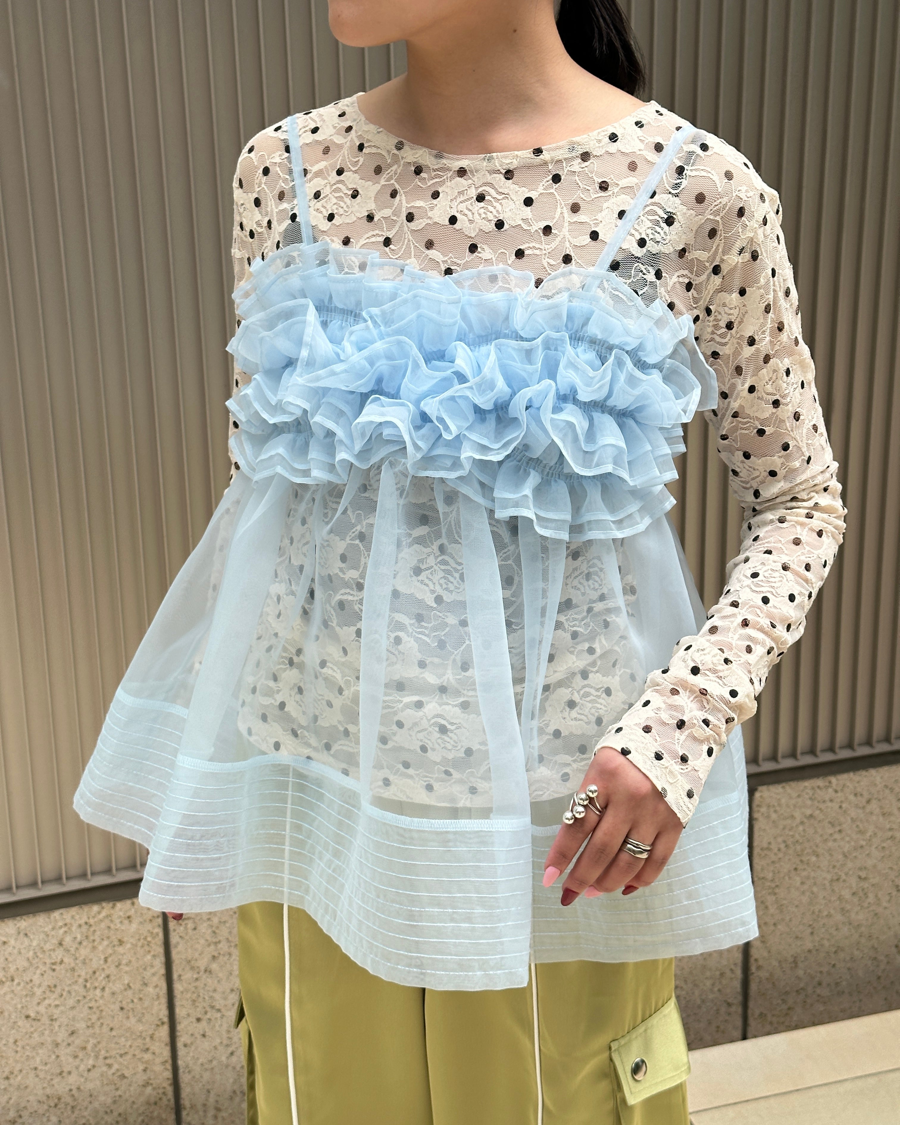 Dot lace see-through top (round neck)