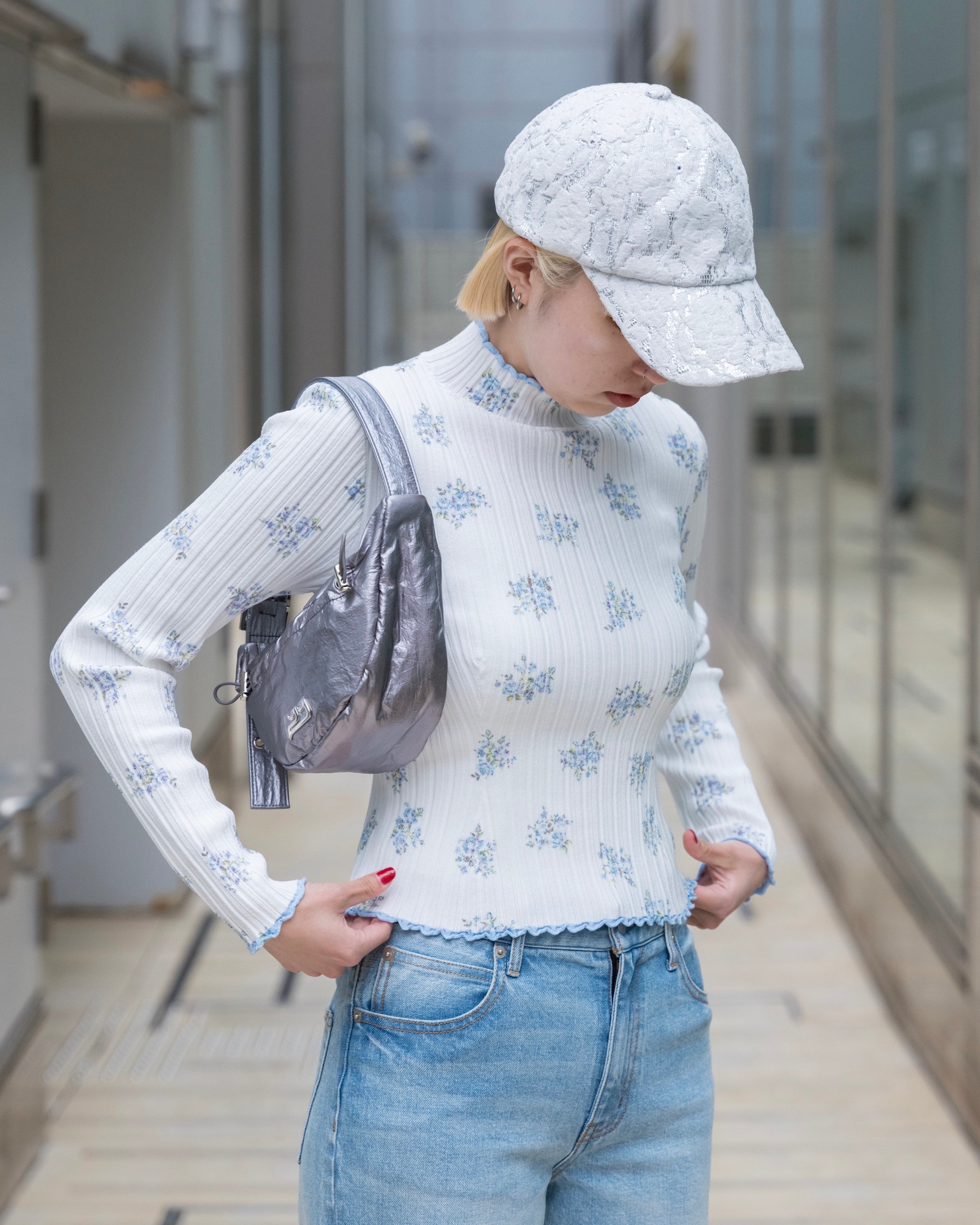 Blue flower rib knit top