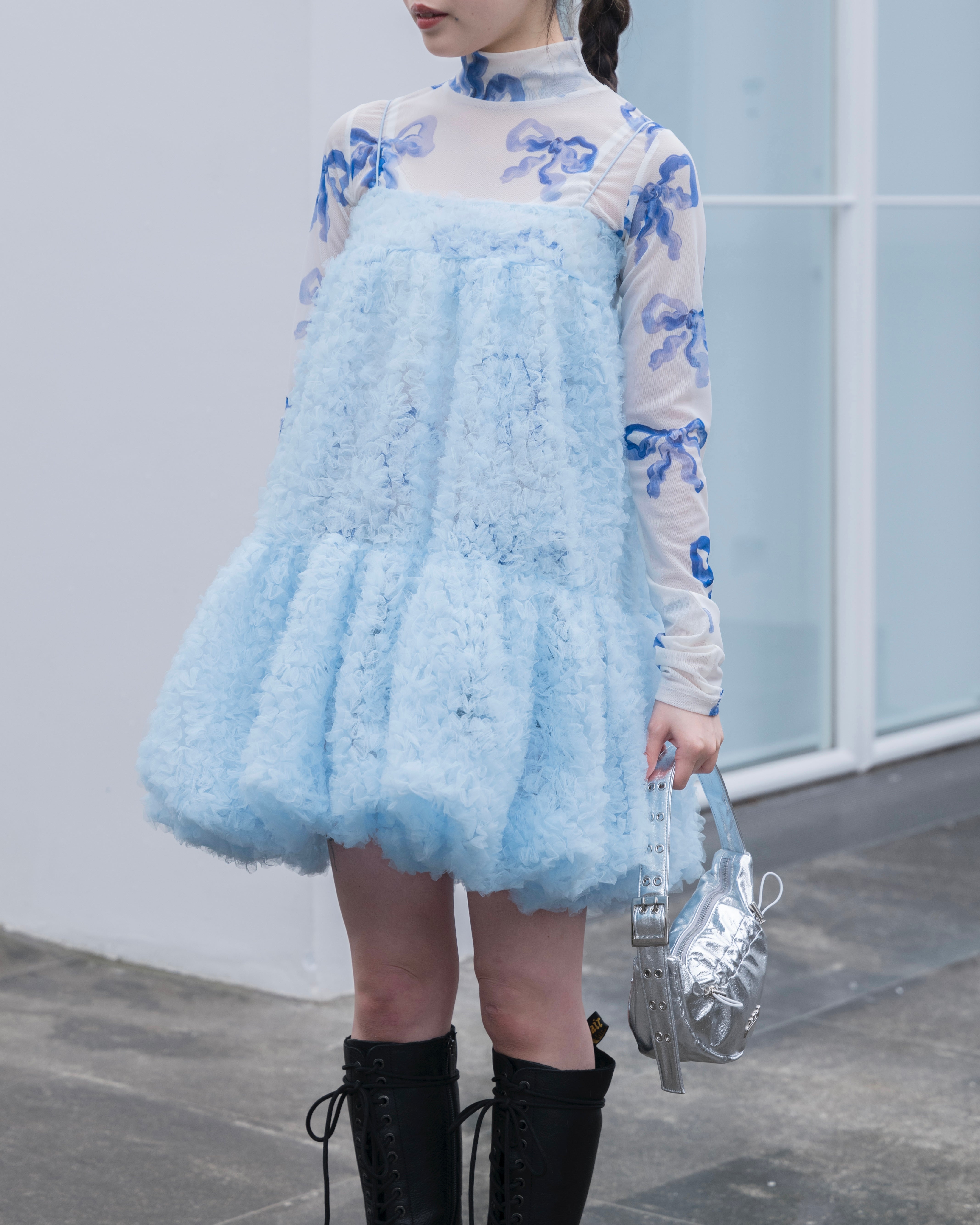 Blue ribbon see-through tops (High neck)