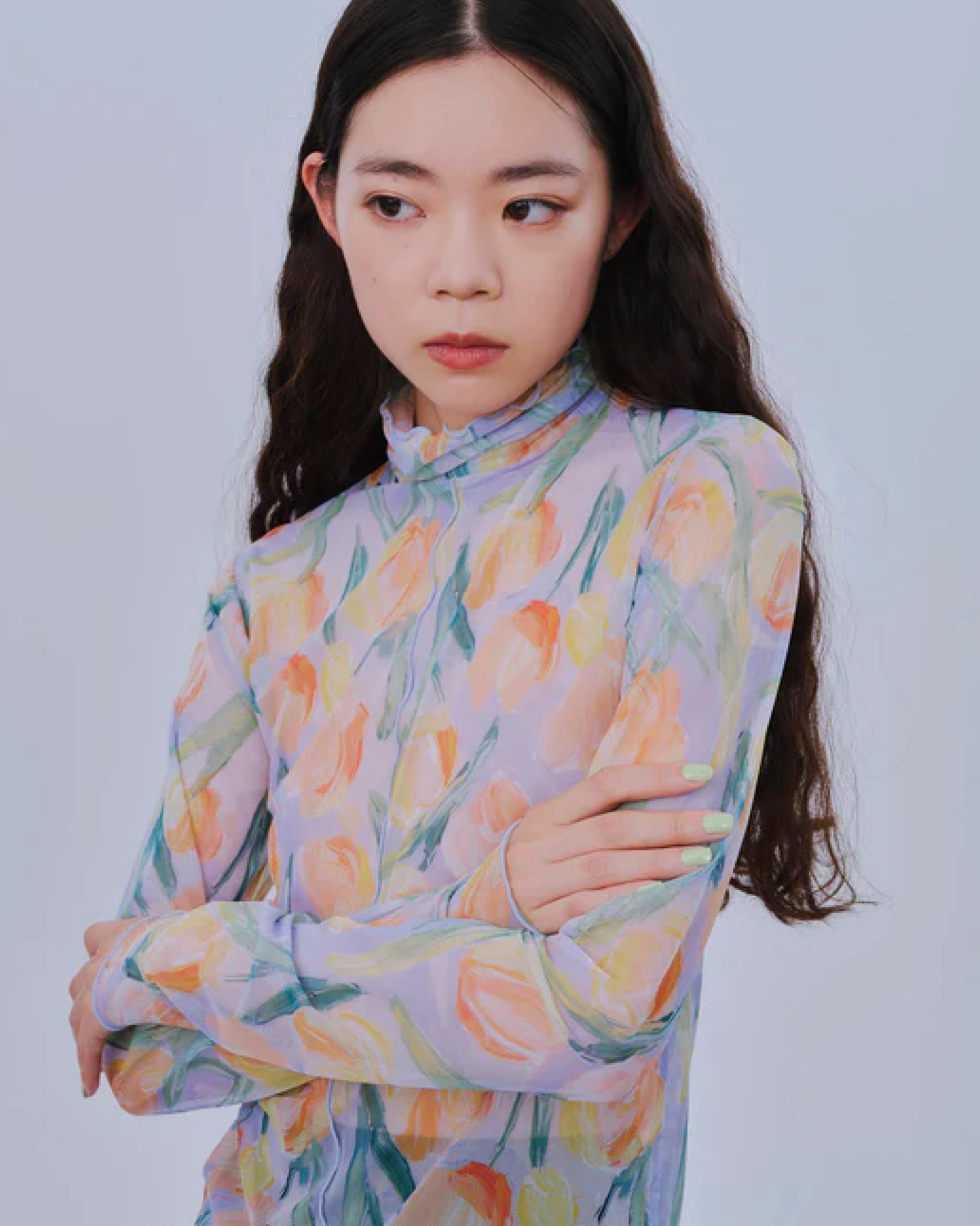 Orange tulip see-through tops (Crew neck)