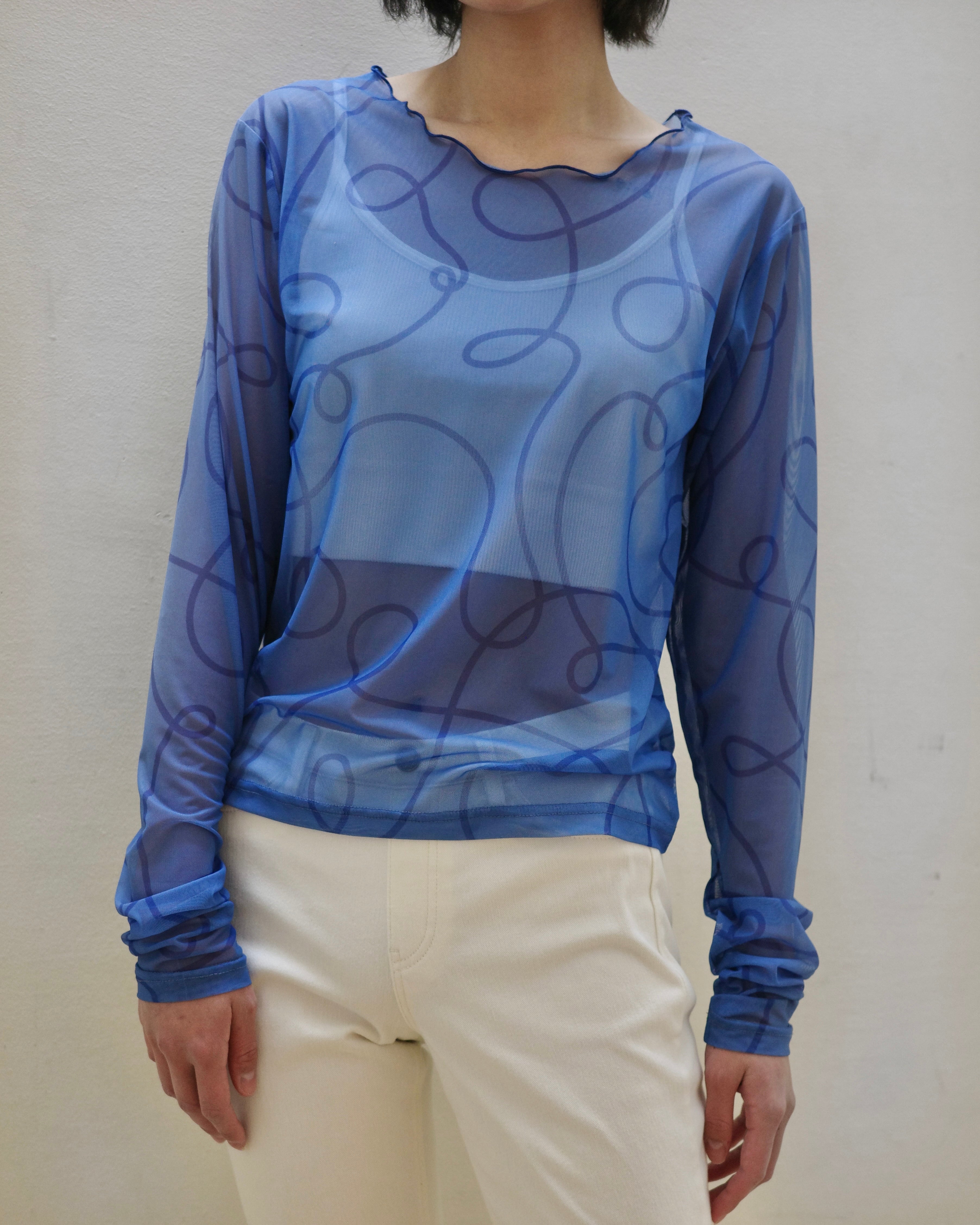 uneune see-through round neck tops (blue)