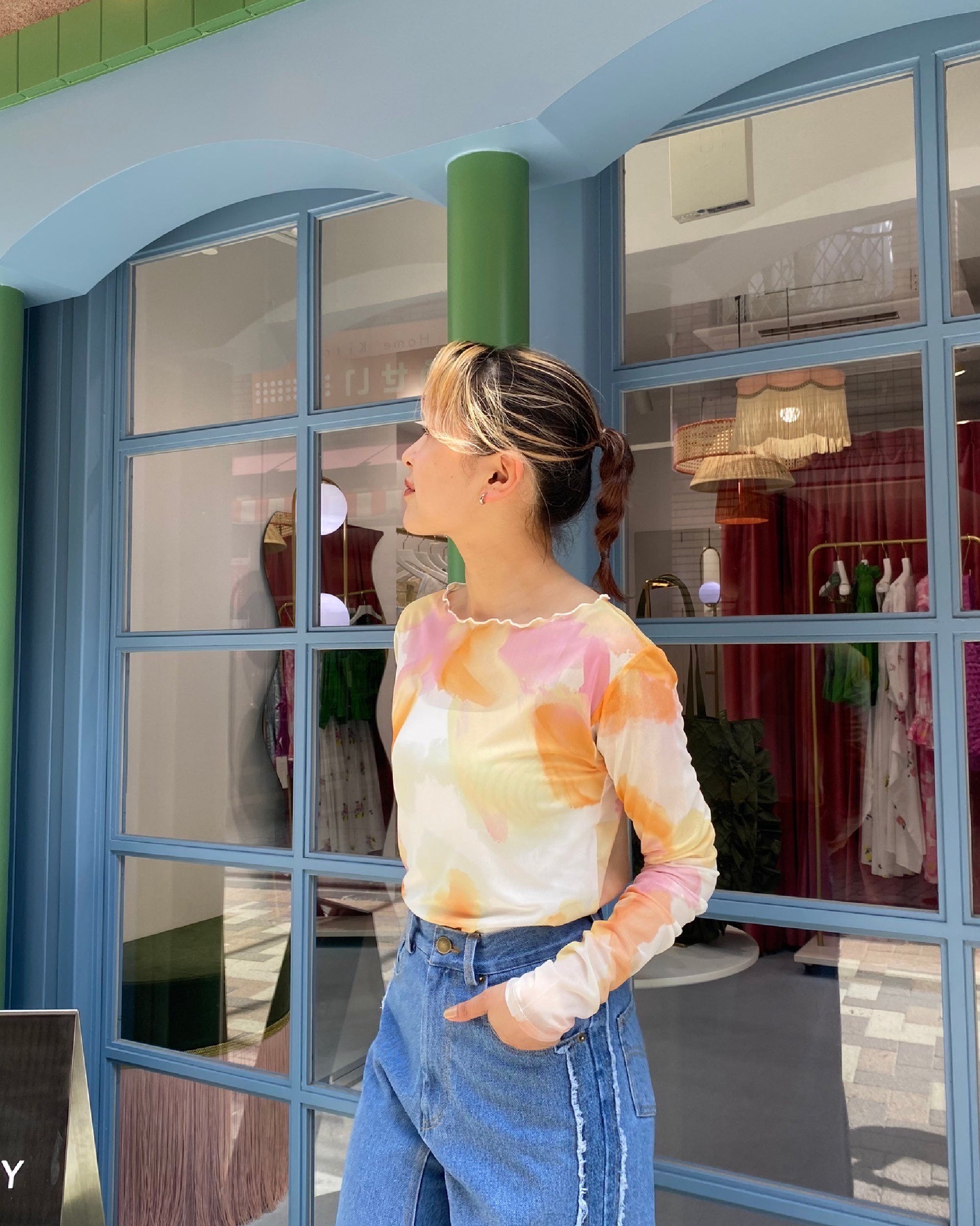 Warm colors mix see-through tops (Round neck)