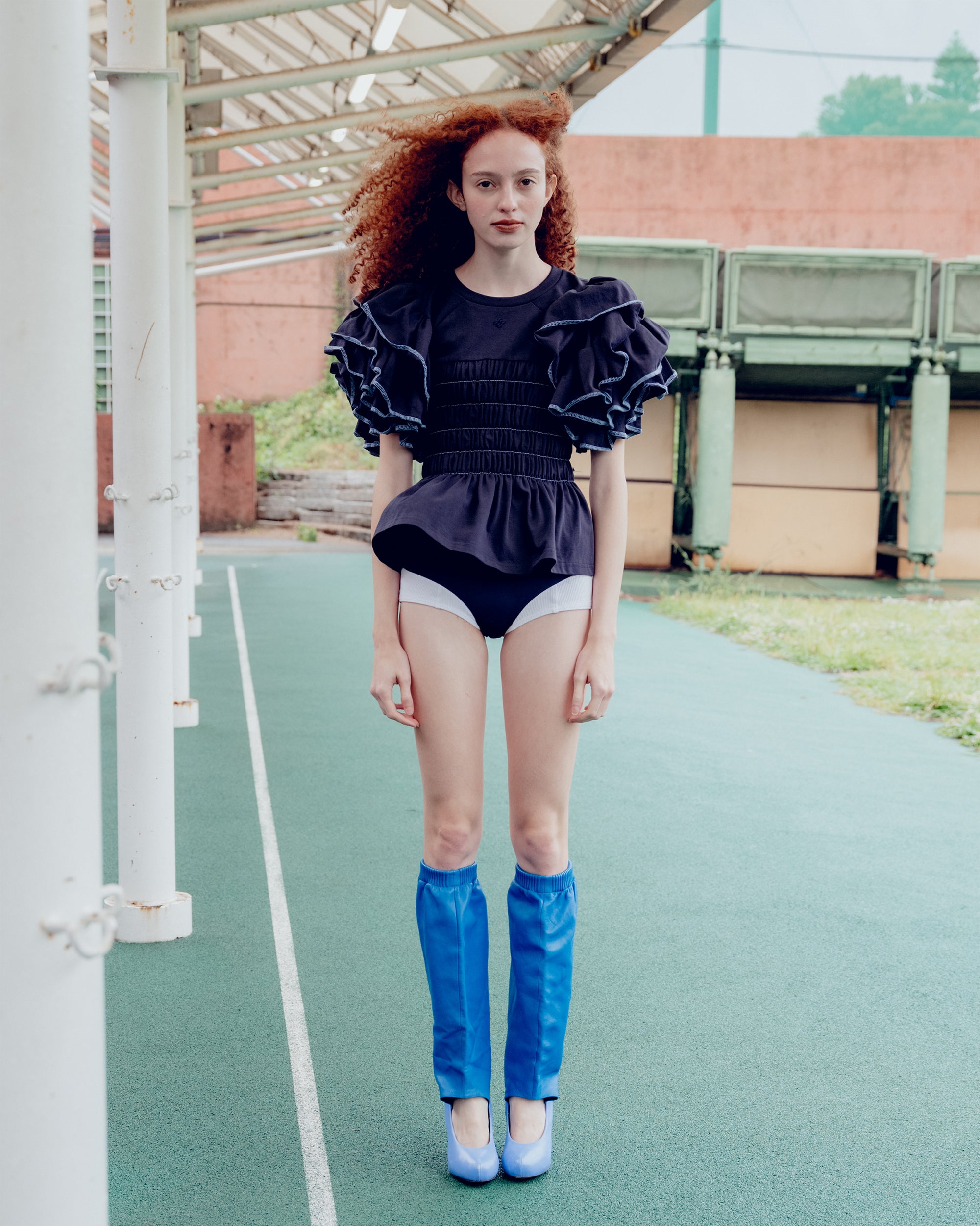 Tiered frill sleeve shirring t-shirt