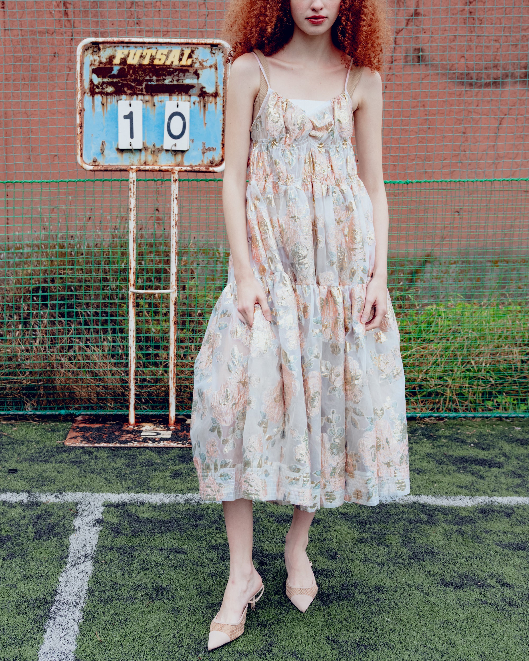 Pink gold jacquard cami dress