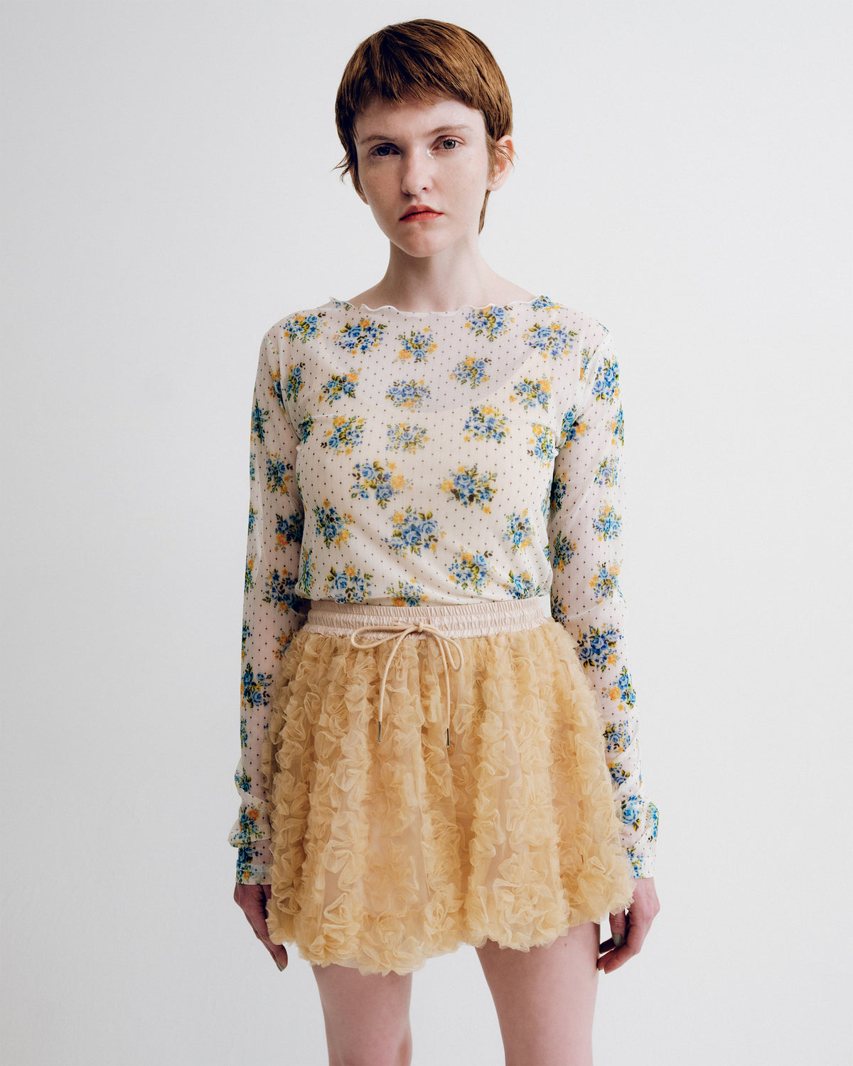 Romantic flower dot see-through tops (round neck)