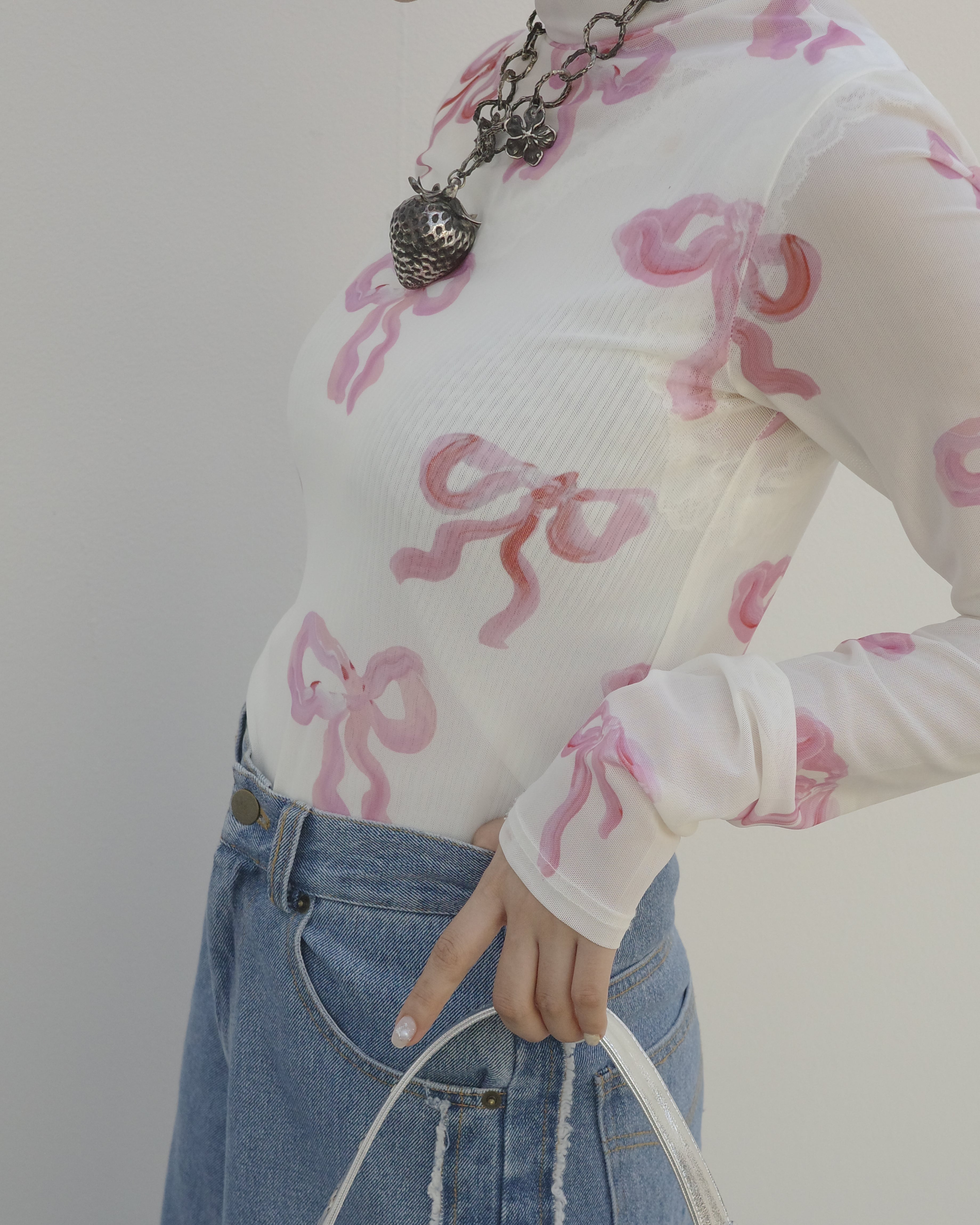 Pink ribbon see-through tops (High neck)