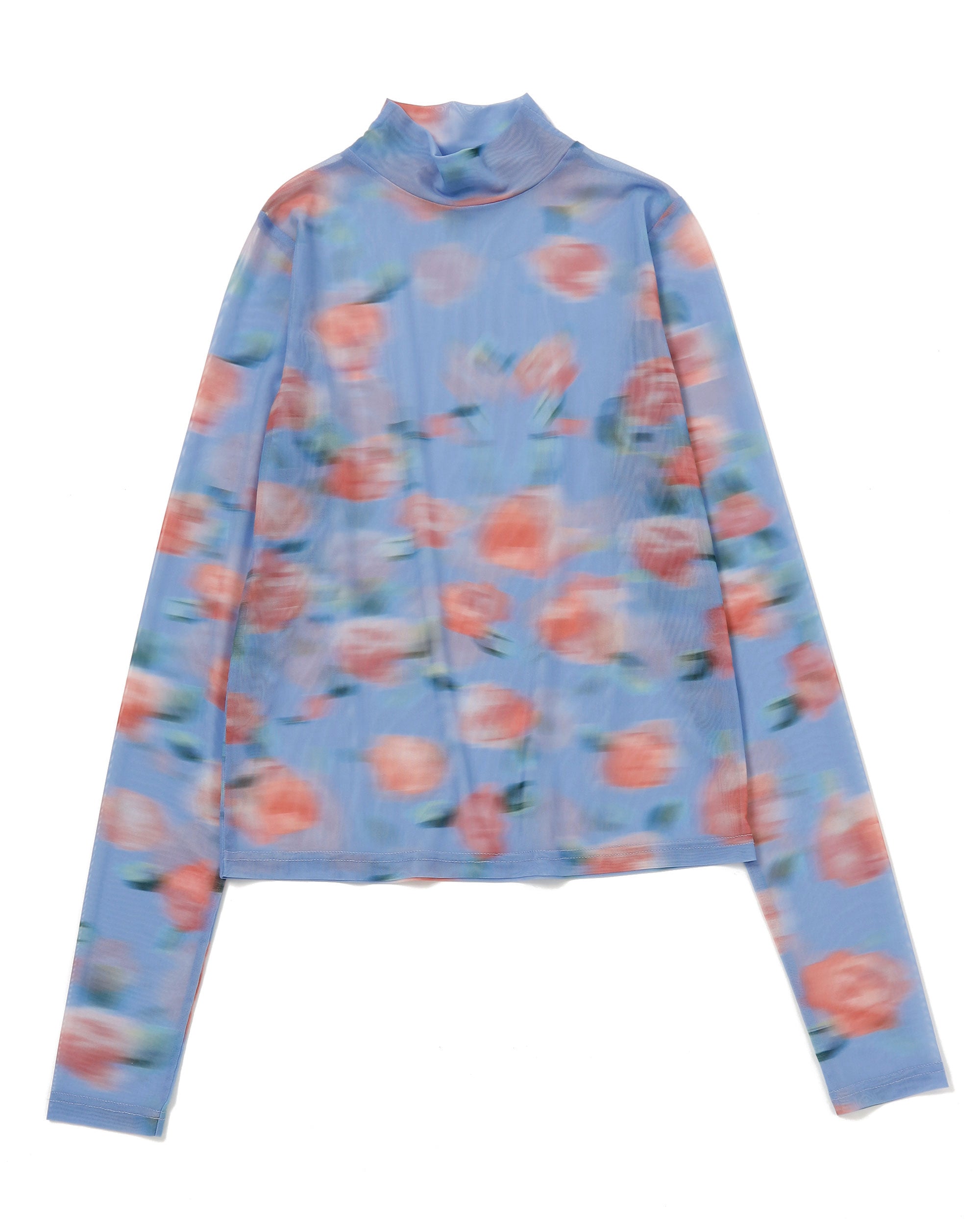 Blur pink flowers see-through tops (High neck)