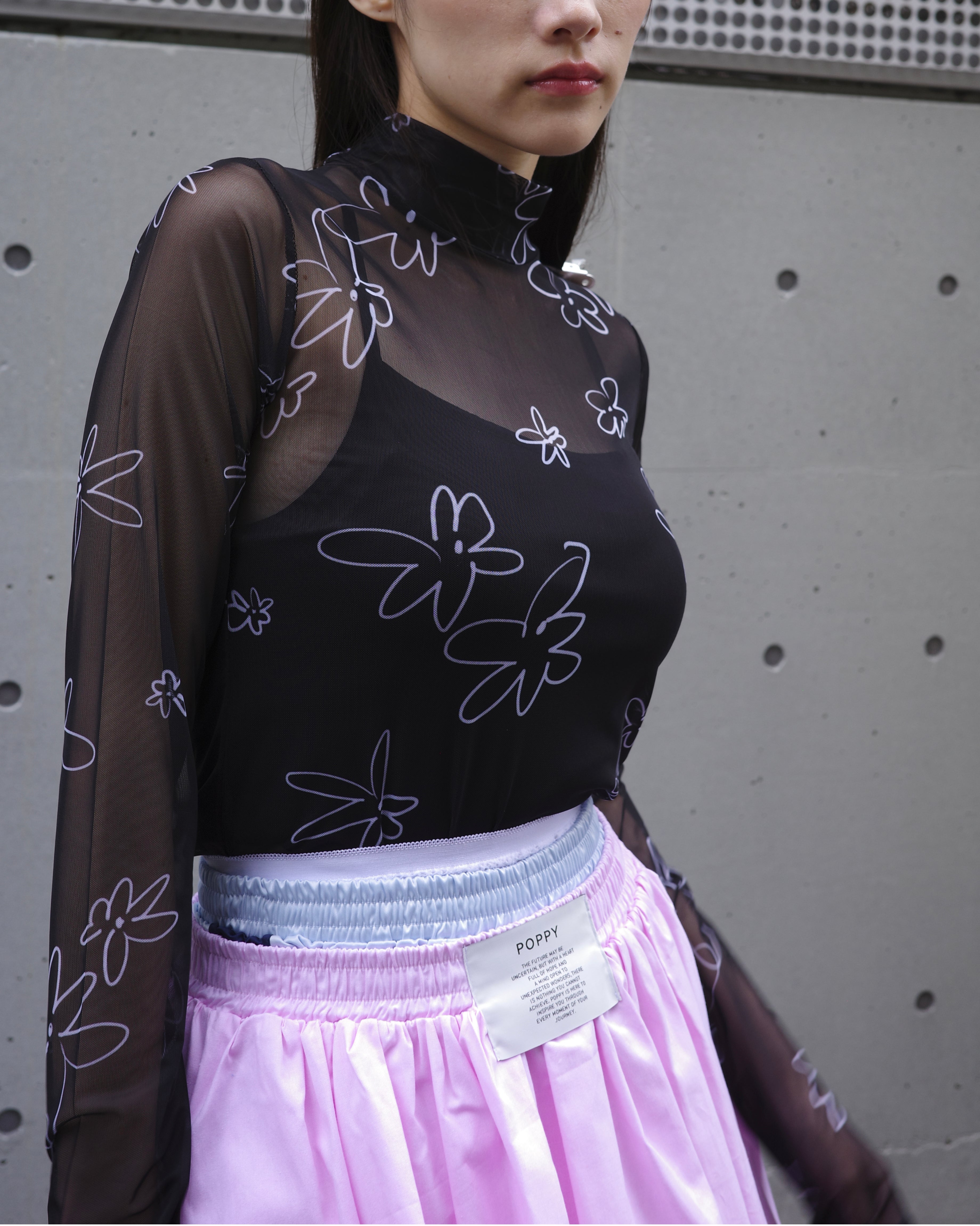 Rough paint black flower see-through tops (High neck)